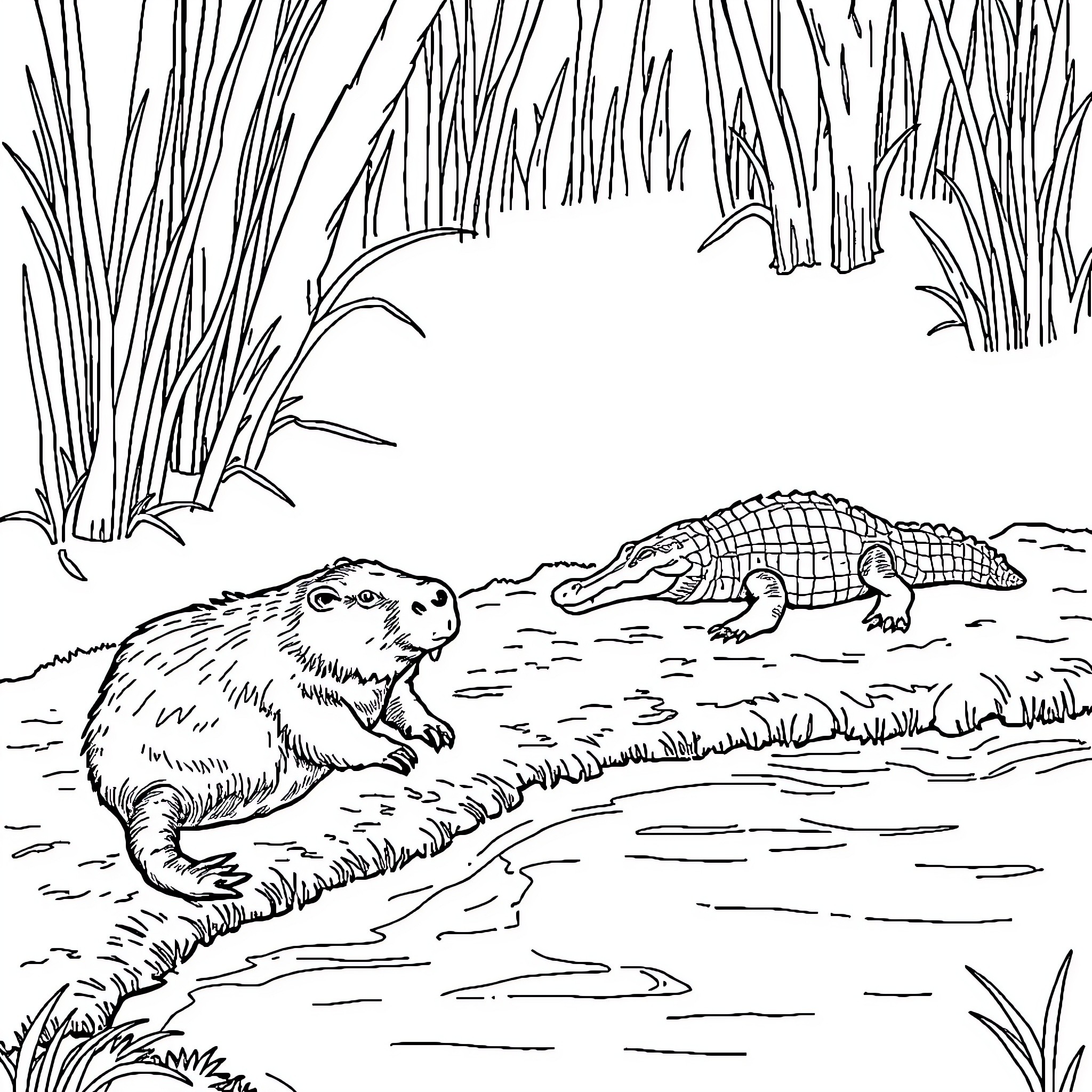 Capybara and Alligator Encounter in Nature Coloring Page (free black-and-white line drawing printable PDF for all, from beginners to advanced learners, including children, teens, adults, and seniors)