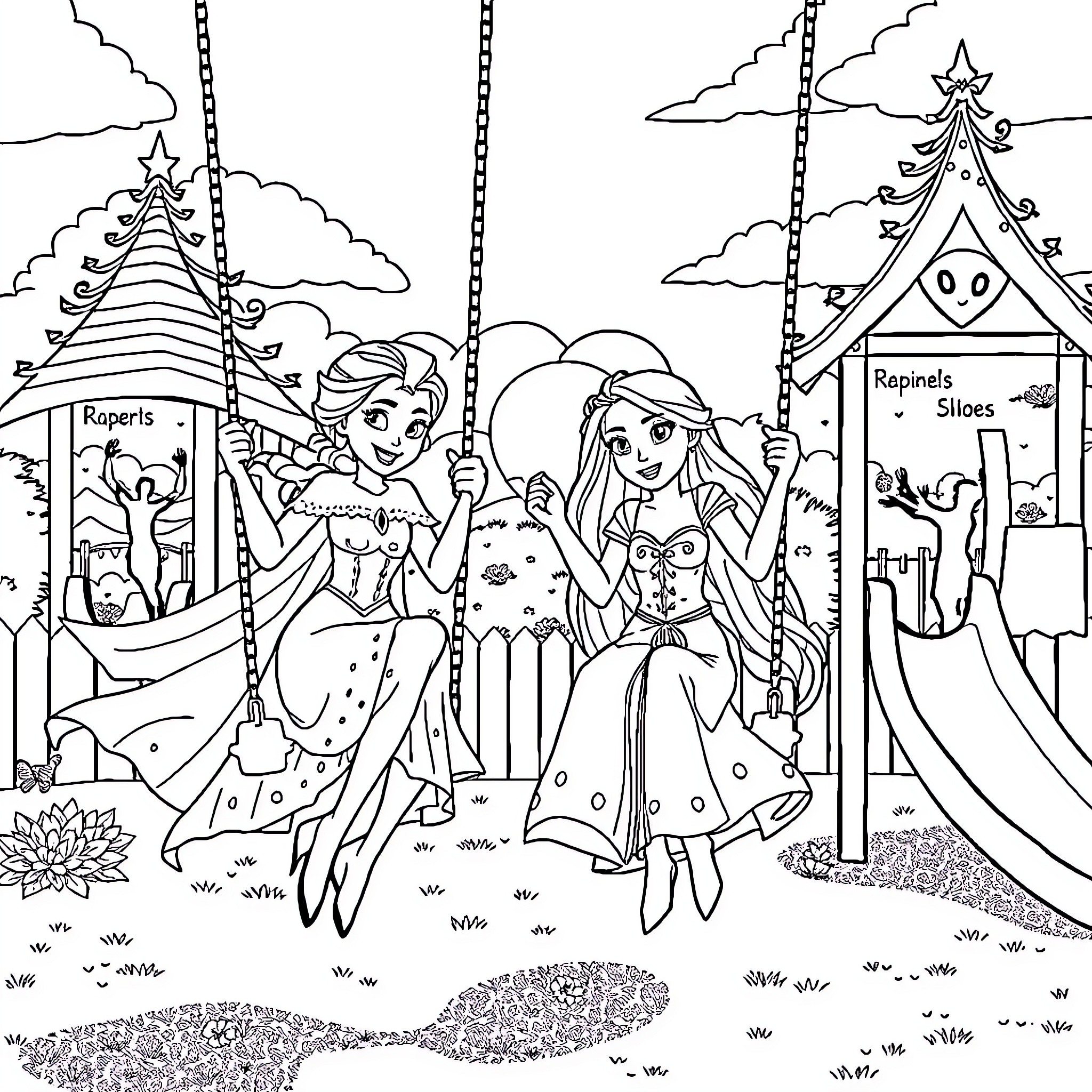 Elsa and friends enjoying a carnival ride Coloring Page (free black-and-white line drawing printable PDF for all, from beginners to advanced learners, including children, teens, adults, and seniors)