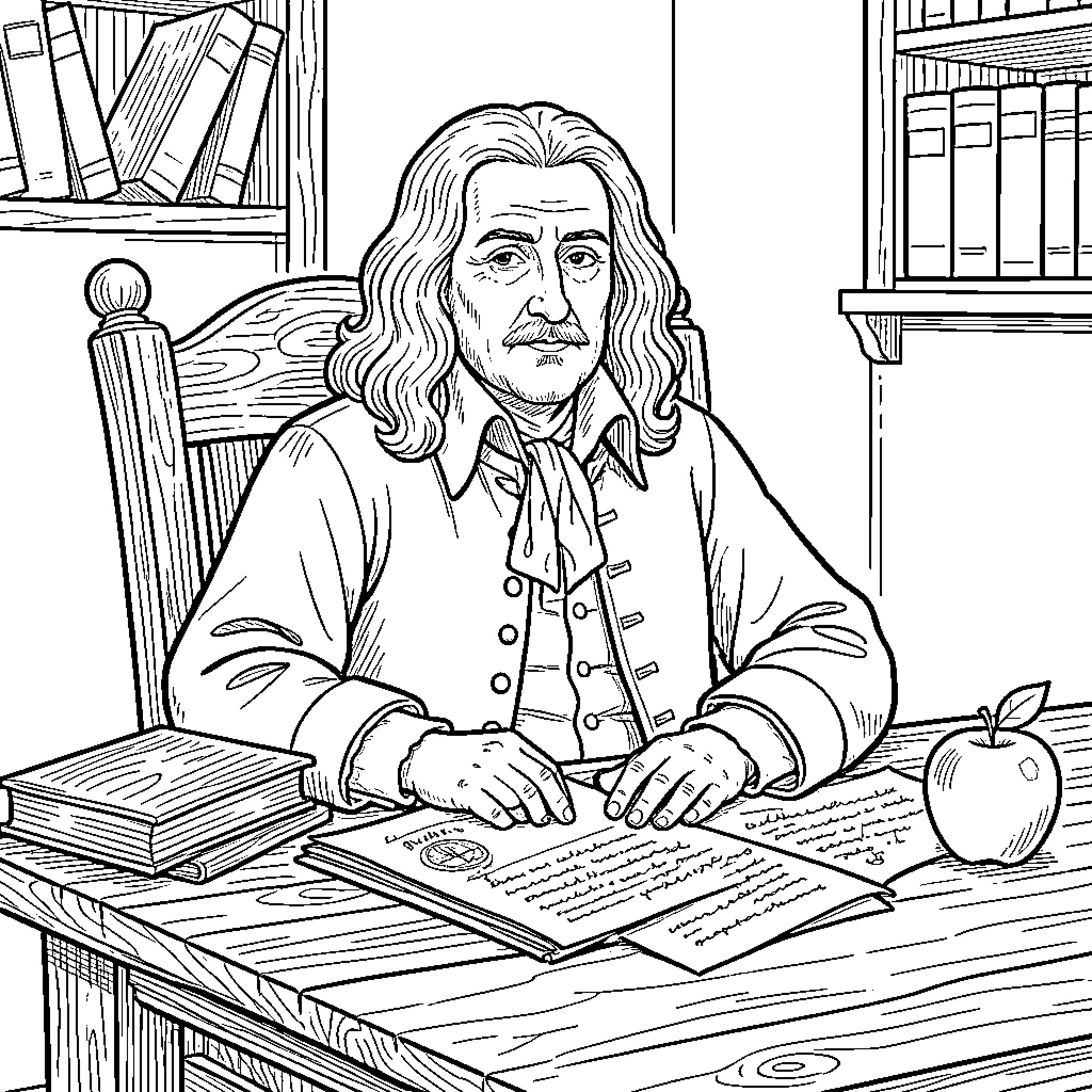 Isaac Newton Studying Diligently in His Study Coloring Page (free black-and-white line drawing printable PDF for all, from beginners to advanced learners, including children, teens, adults, and seniors)