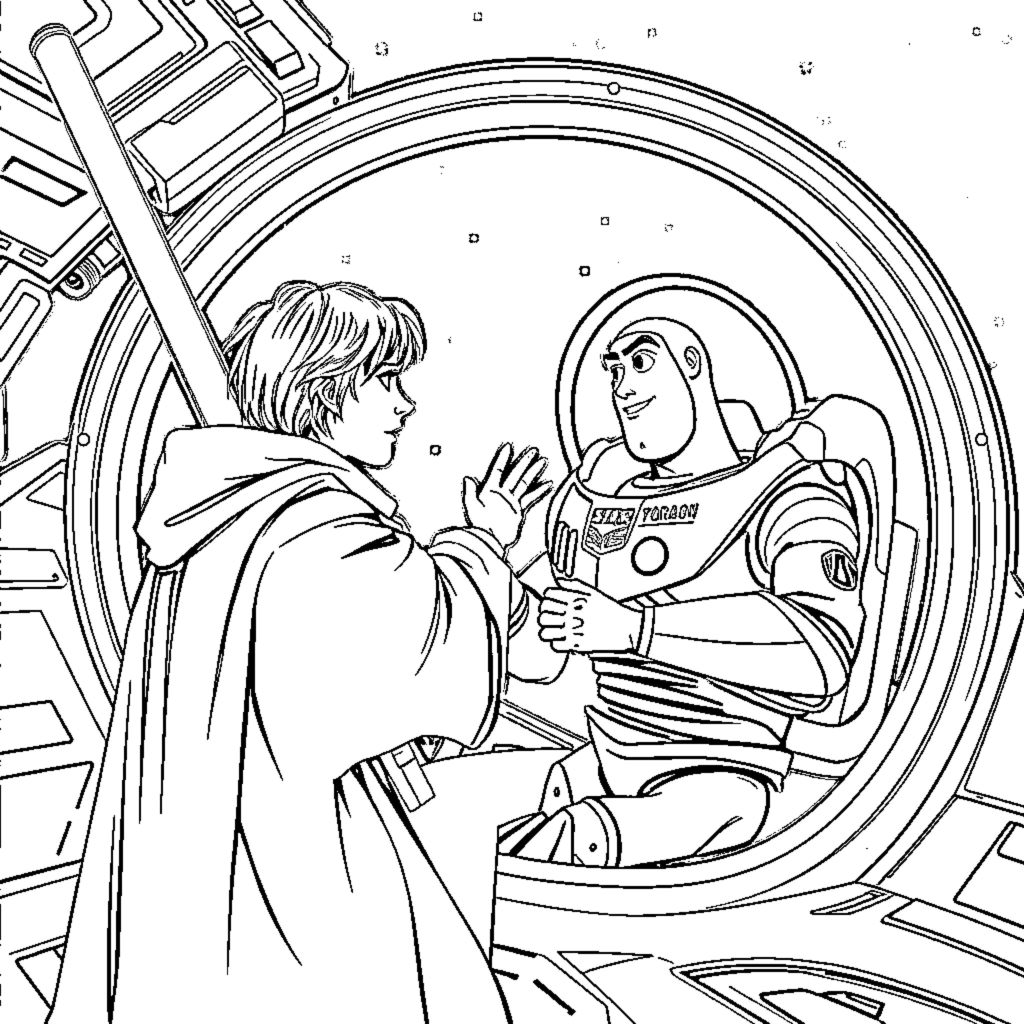 Anakin Skywalker confronts Buzz Lightyear in a futuristic setting Coloring Page (free black-and-white line drawing printable PDF for all, from beginners to advanced learners, including children, teens, adults, and seniors)