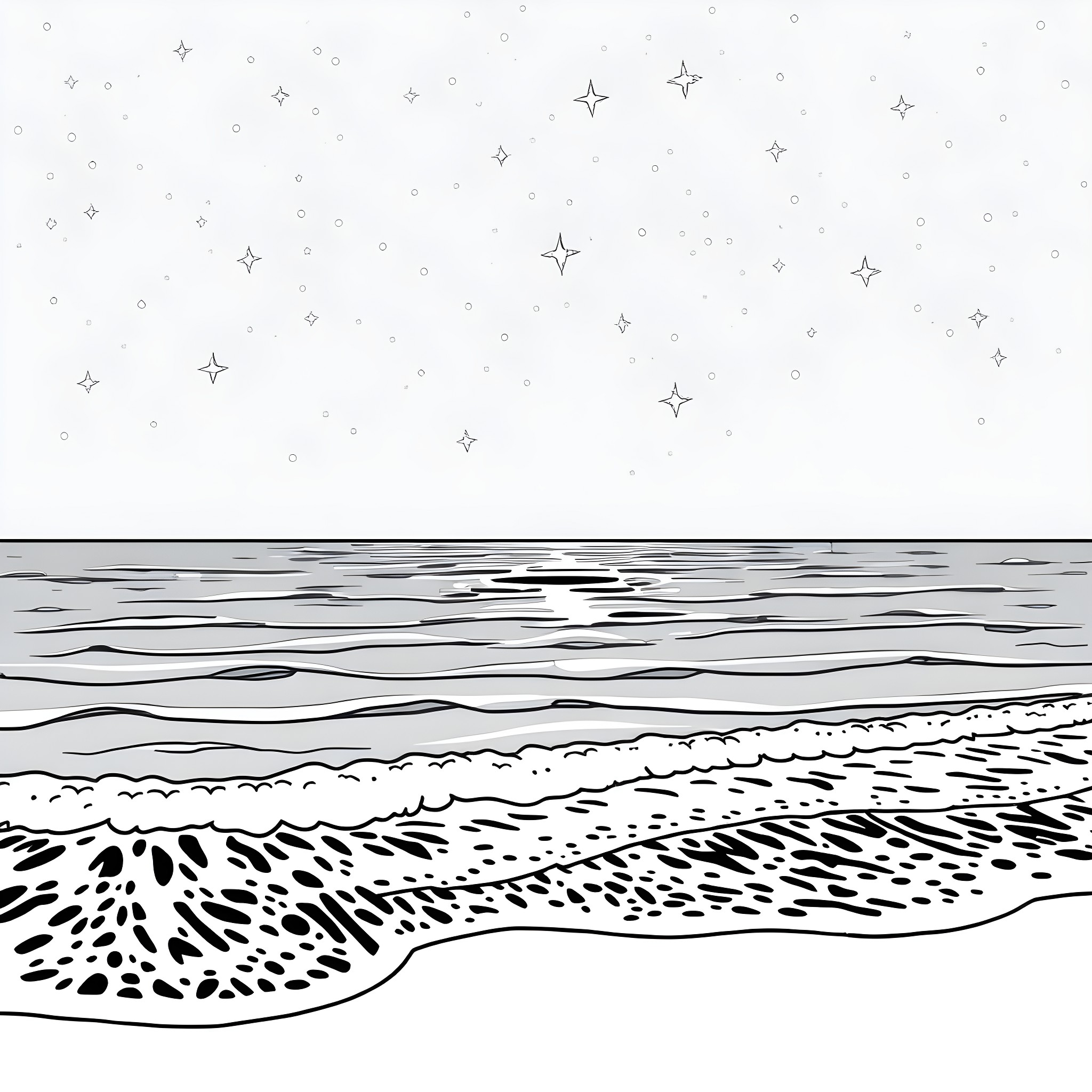 Ocean waves under a starry night sky Coloring Page (free black-and-white line drawing printable PDF for all, from beginners to advanced learners, including children, teens, adults, and seniors)