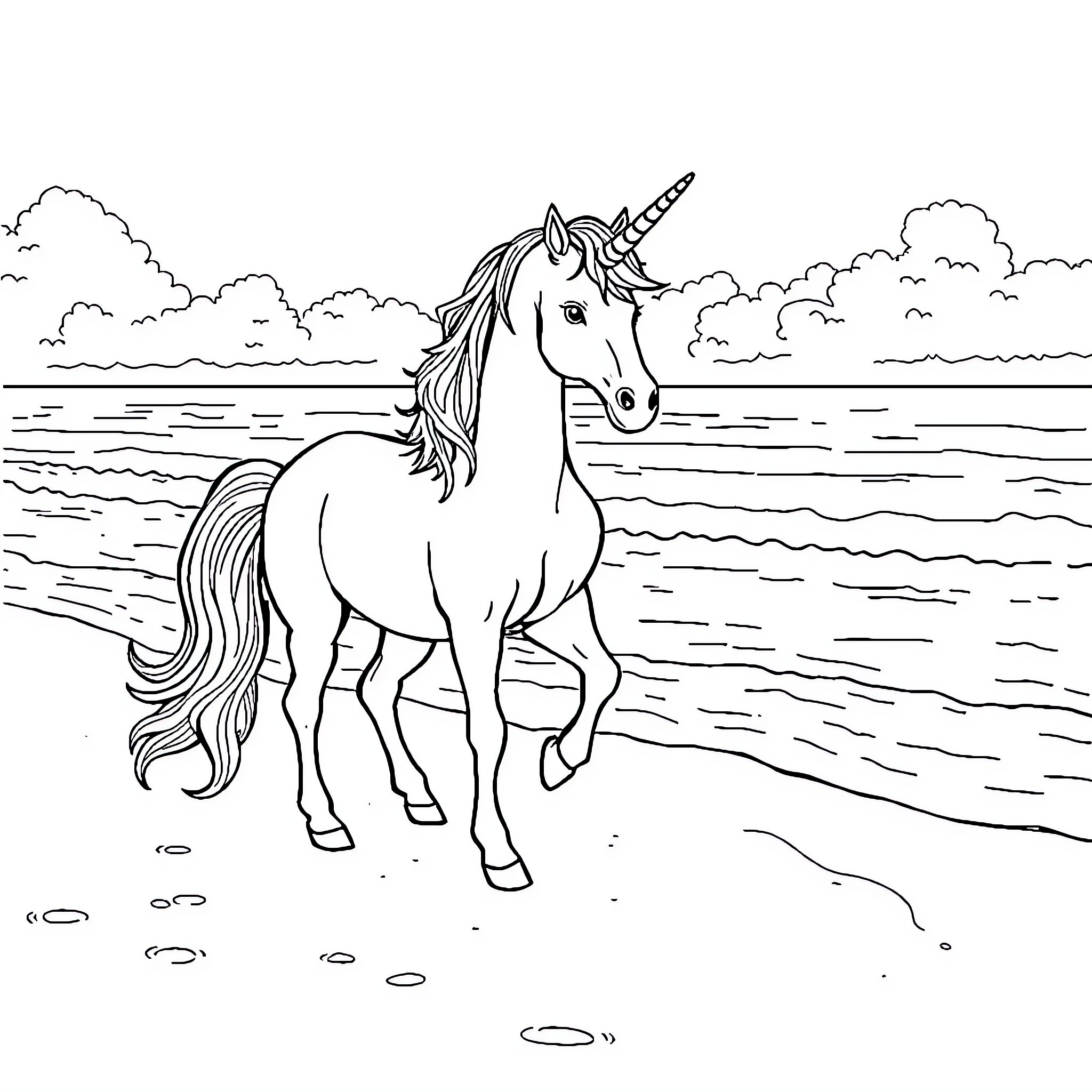 Unicorn standing by the shore Coloring Page (free black-and-white line drawing printable PDF for all, from beginners to advanced learners, including children, teens, adults, and seniors)