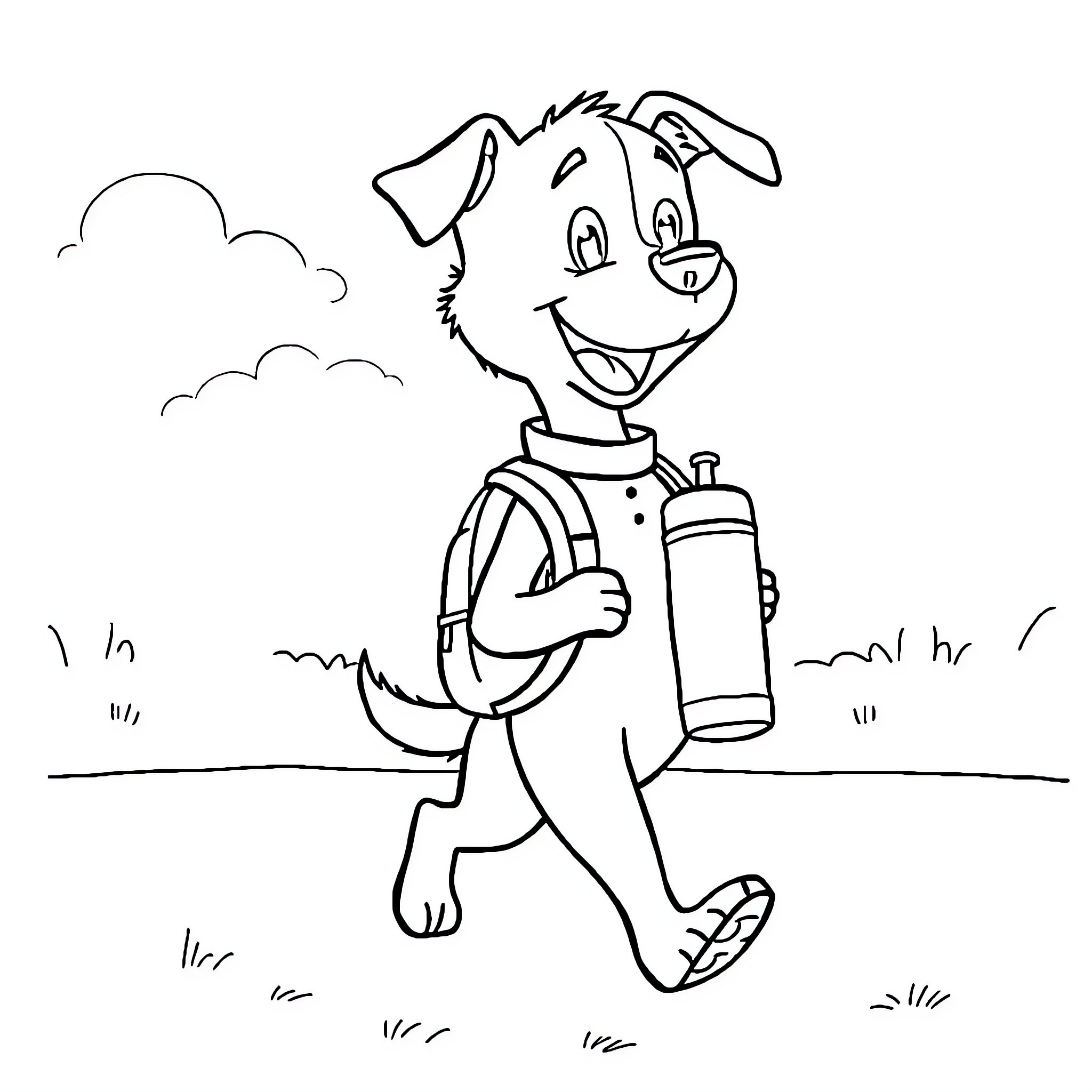 Dog happily walking with a backpack Coloring Page (free black-and-white line drawing printable PDF for all, from beginners to advanced learners, including children, teens, adults, and seniors)