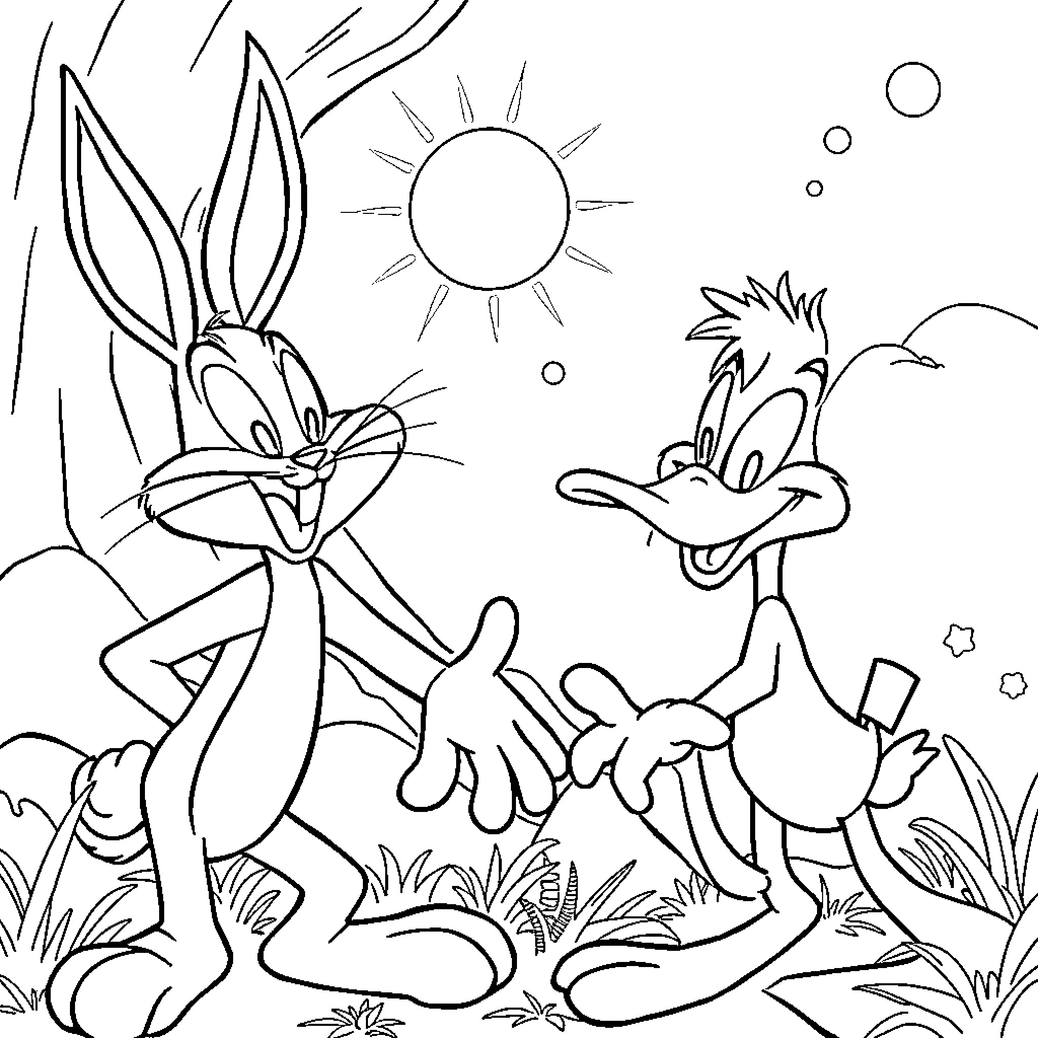Lunitoons - Playful cartoon characters in nature Coloring Page (free black-and-white line drawing printable PDF for all, from beginners to advanced learners, including children, teens, adults, and seniors)