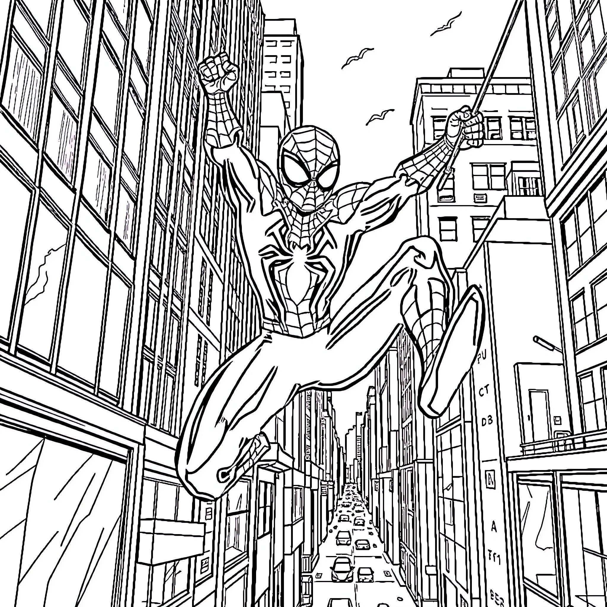 Spider-Man swinging through the city in action Coloring Page (free black-and-white line drawing printable PDF for all, from beginners to advanced learners, including children, teens, adults, and seniors)