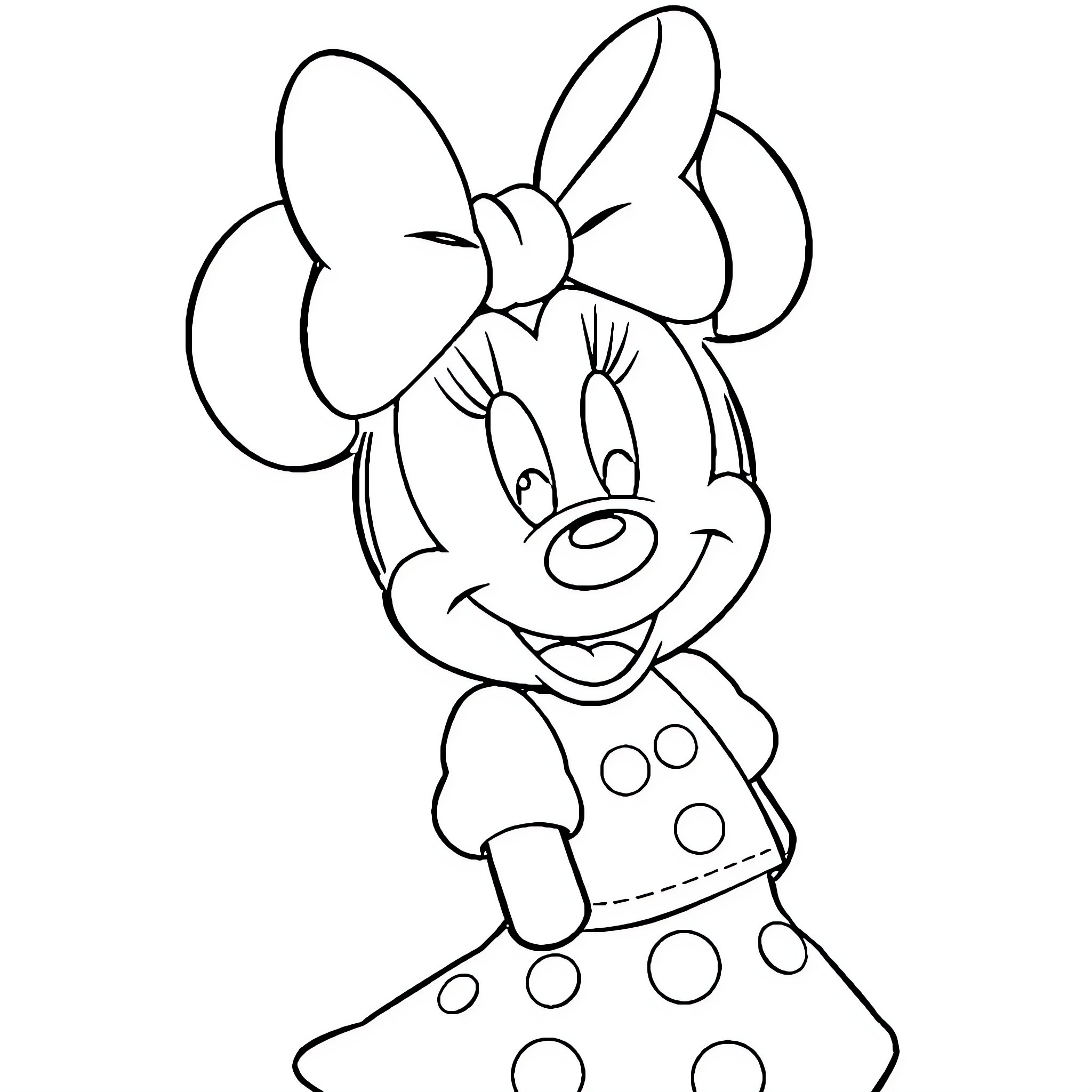 Minnie posing with a cheerful expression Coloring Page (free black-and-white line drawing printable PDF for all, from beginners to advanced learners, including children, teens, adults, and seniors)