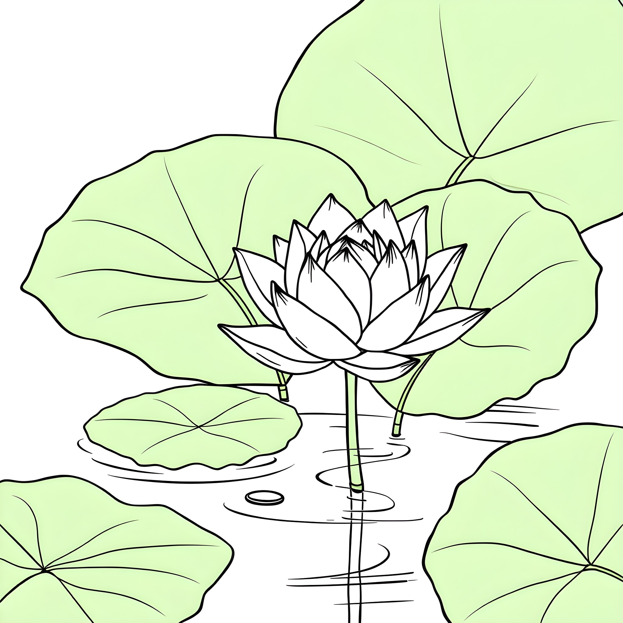 Lotus Flower Blooming in Serene Pond Coloring Page (free black-and-white line drawing printable PDF for all, from beginners to advanced learners, including children, teens, adults, and seniors)