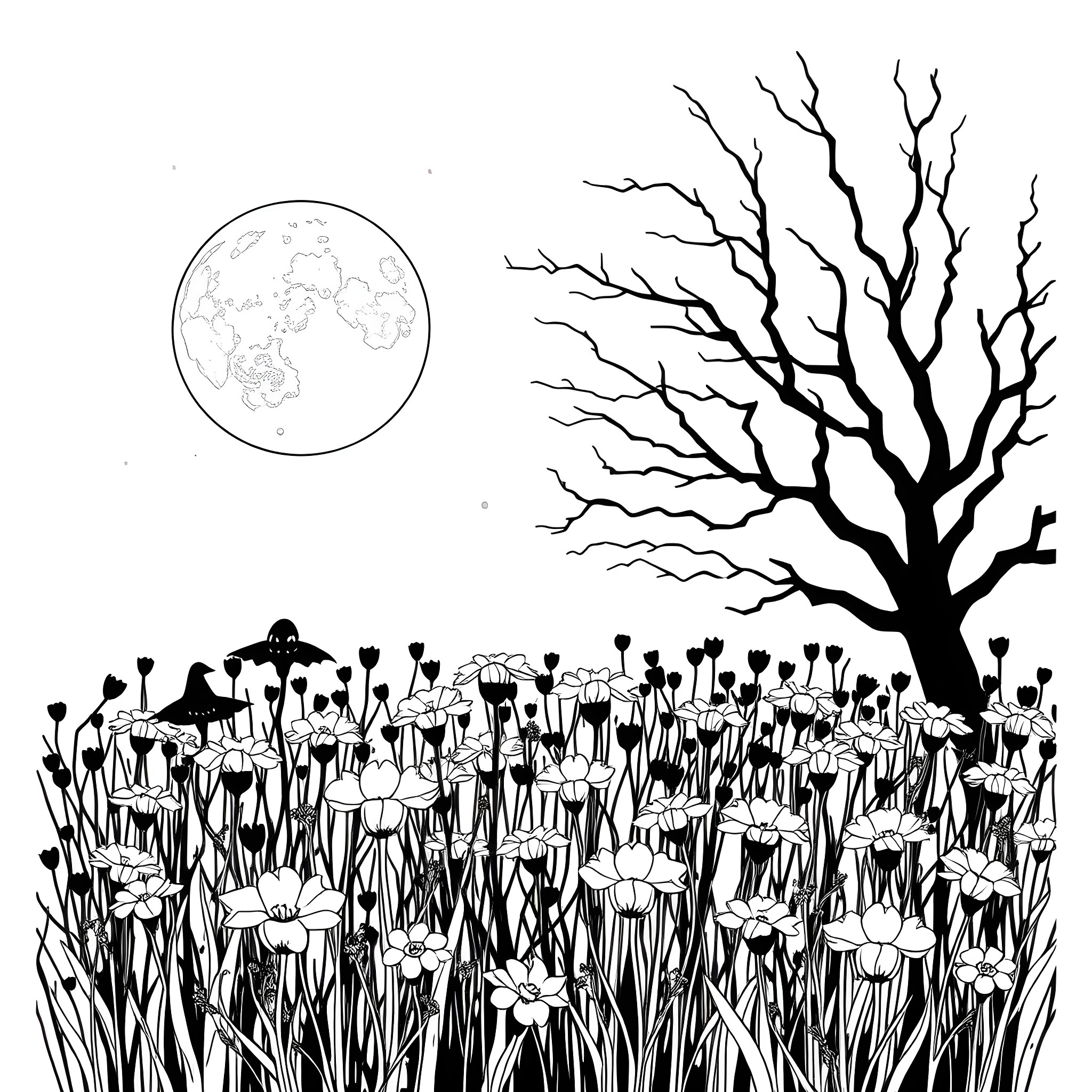 Moon shining over the field of flowers and bare tree Coloring Page (free black-and-white line drawing printable PDF for all, from beginners to advanced learners, including children, teens, adults, and seniors)