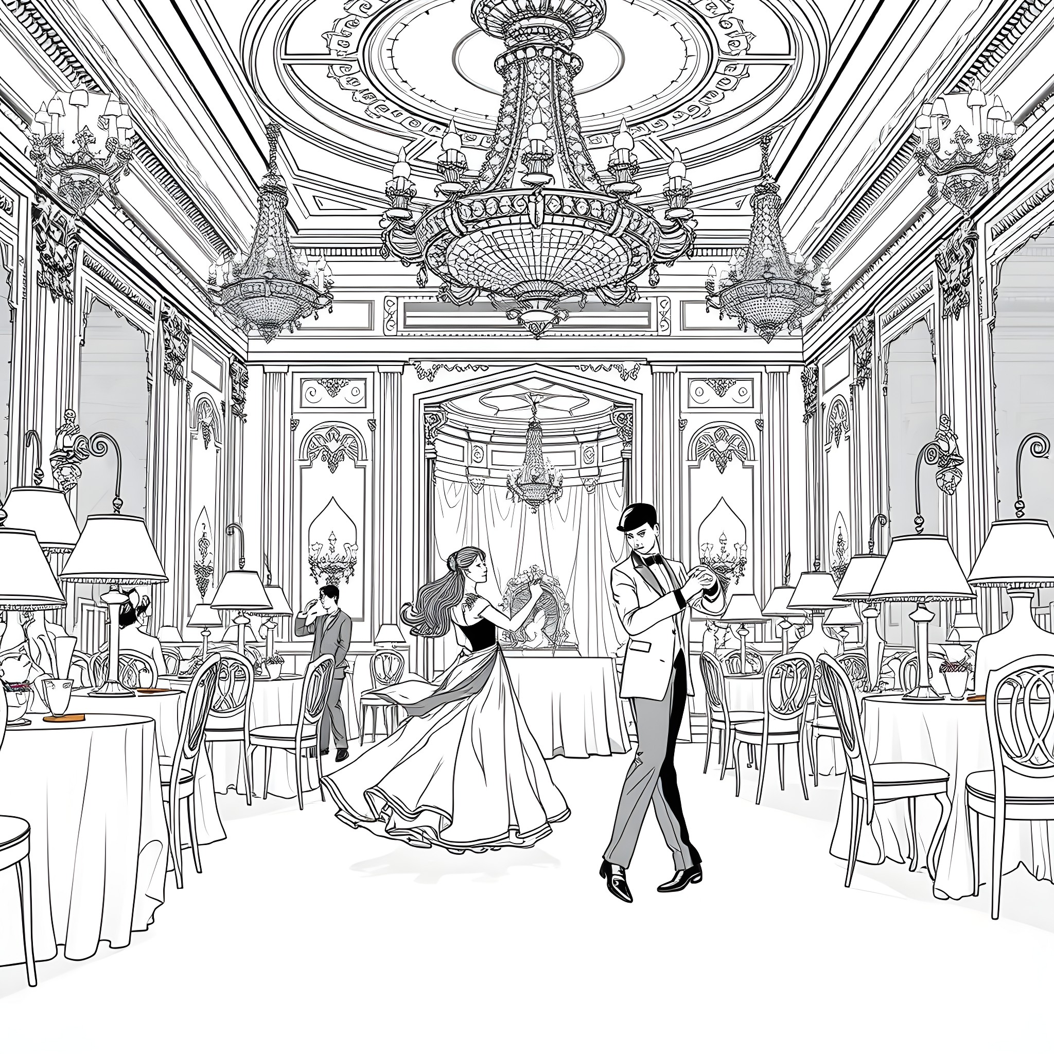 Waltz in a Lavish Ballroom Coloring Page (free black-and-white line drawing printable PDF for all, from beginners to advanced learners, including children, teens, adults, and seniors)