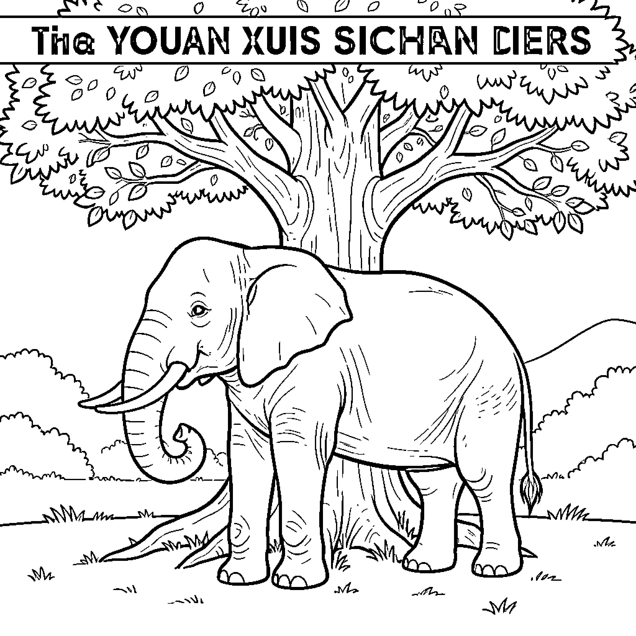 Elephant standing in a nature scene Coloring Page (free black-and-white line drawing printable PDF for all, from beginners to advanced learners, including children, teens, adults, and seniors)