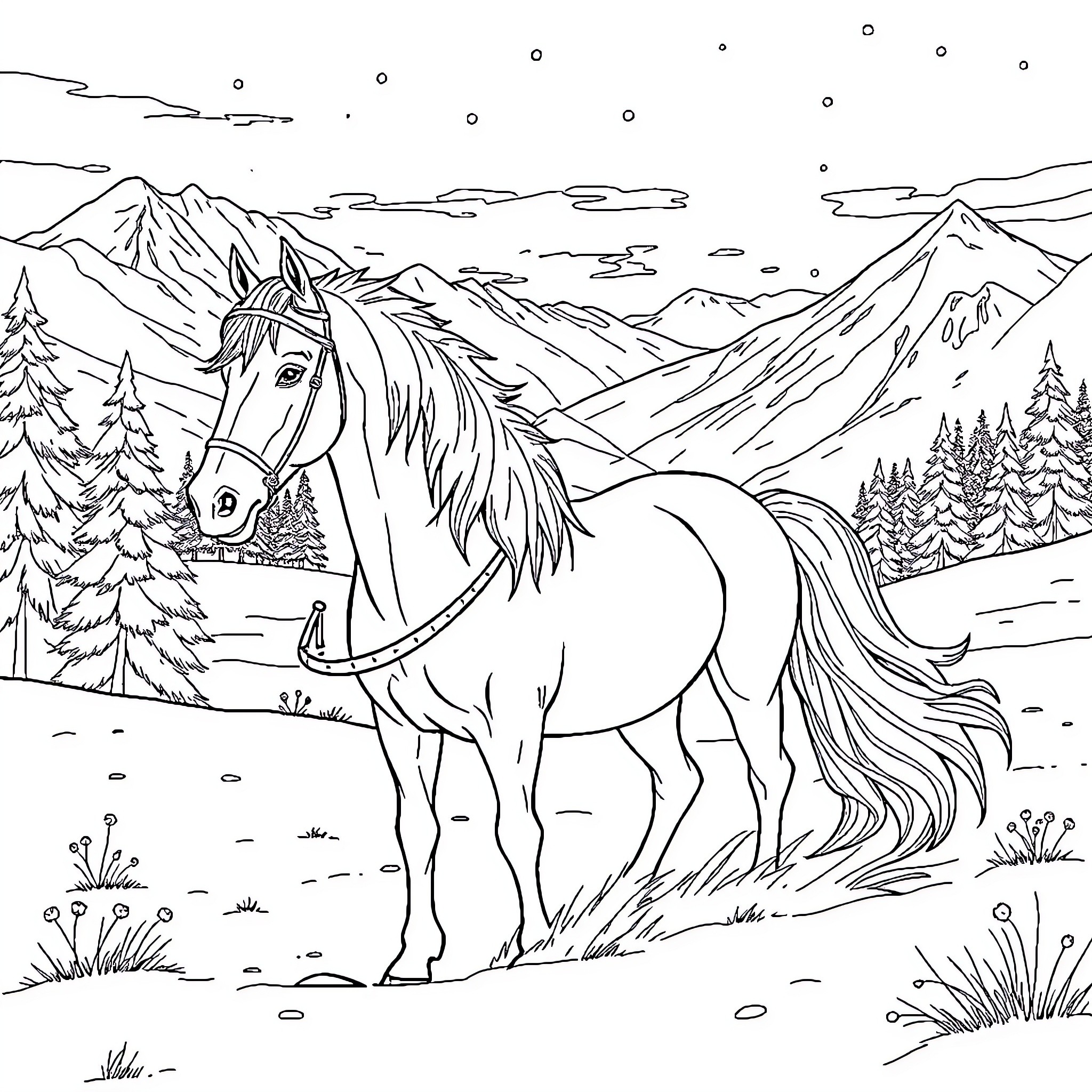 Snow Queen's Noble Steed in Winter Wonderland Coloring Page (free black-and-white line drawing printable PDF for all, from beginners to advanced learners, including children, teens, adults, and seniors)