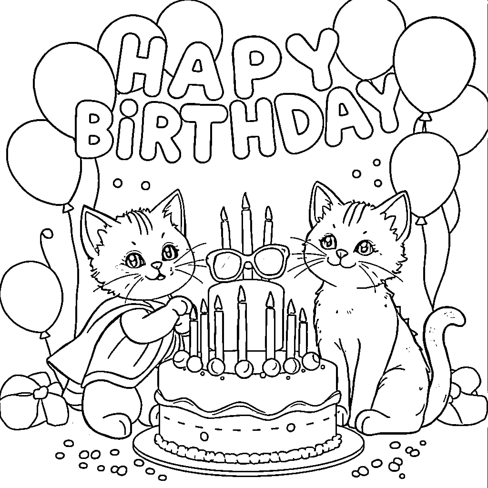 Superkitties celebrate a happy birthday Coloring Page (free black-and-white line drawing printable PDF for all, from beginners to advanced learners, including children, teens, adults, and seniors)