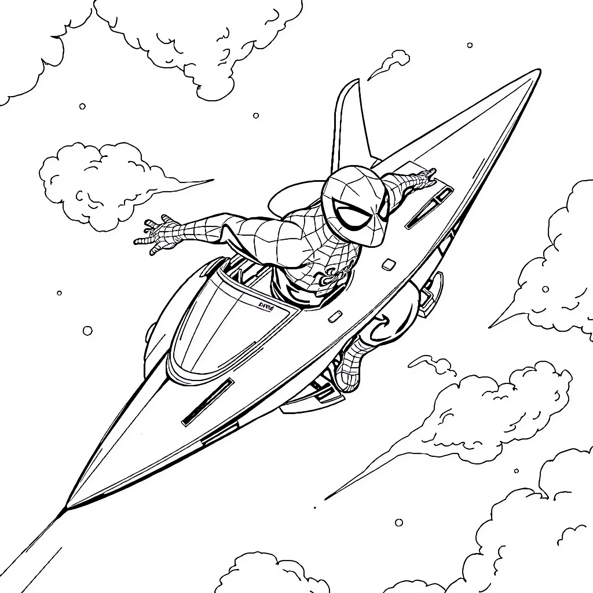 Spiderman flying at high speed through the clouds Coloring Page (free black-and-white line drawing printable PDF for all, from beginners to advanced learners, including children, teens, adults, and seniors)