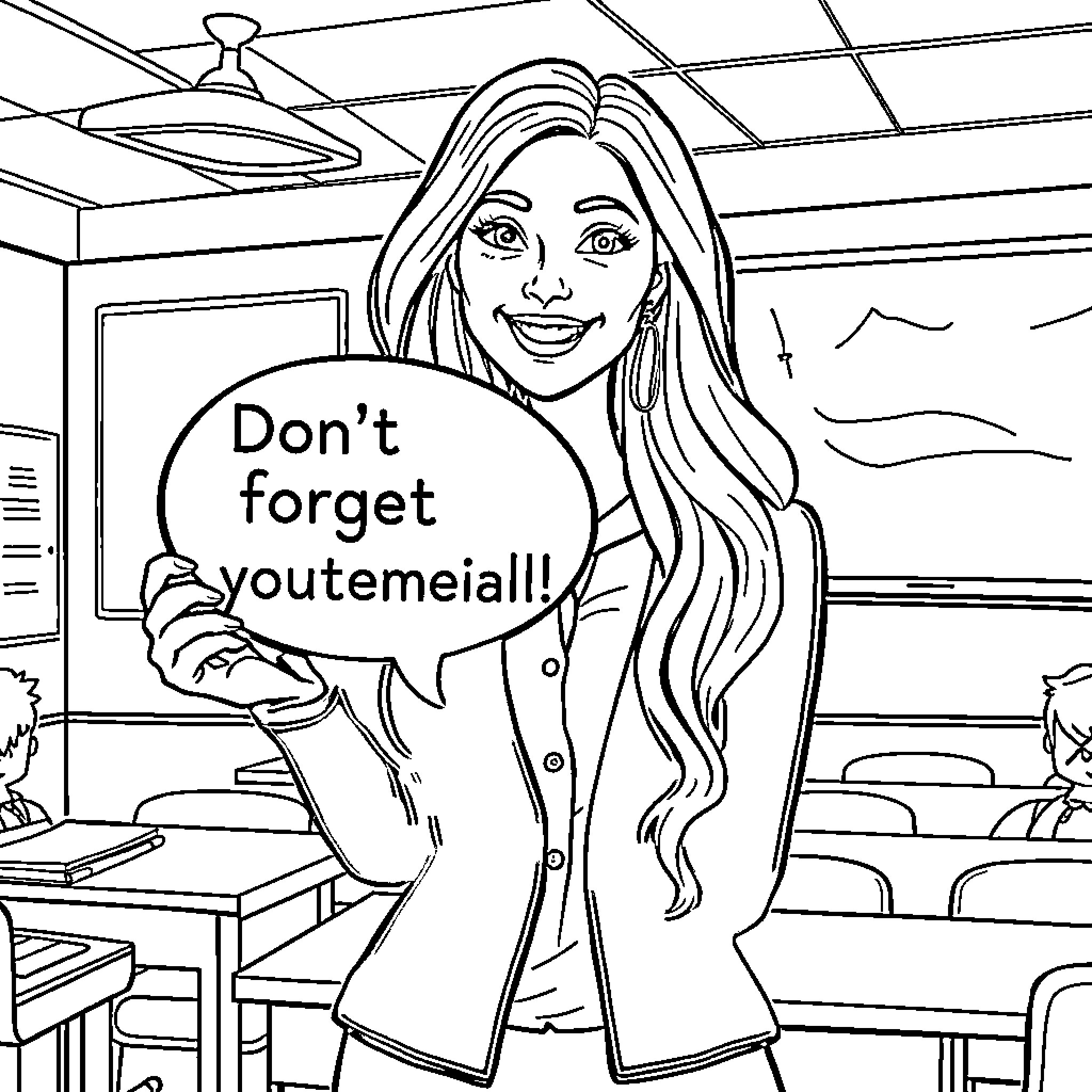 Teacher encouraging students with a message Coloring Page (free black-and-white line drawing printable PDF for all, from beginners to advanced learners, including children, teens, adults, and seniors)