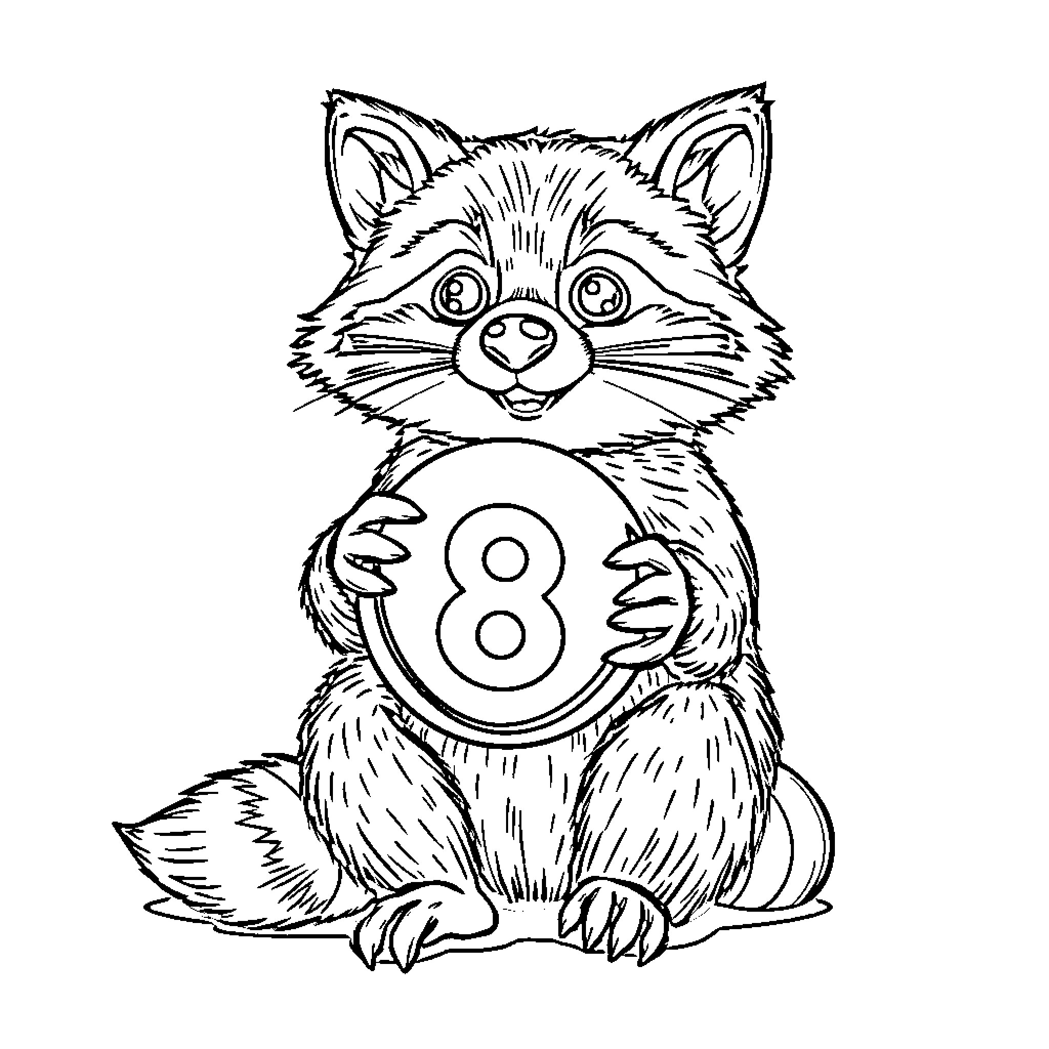 Raccoon Holding Lucky Number Charm Coloring Page (free black-and-white line drawing printable PDF for all, from beginners to advanced learners, including children, teens, adults, and seniors)