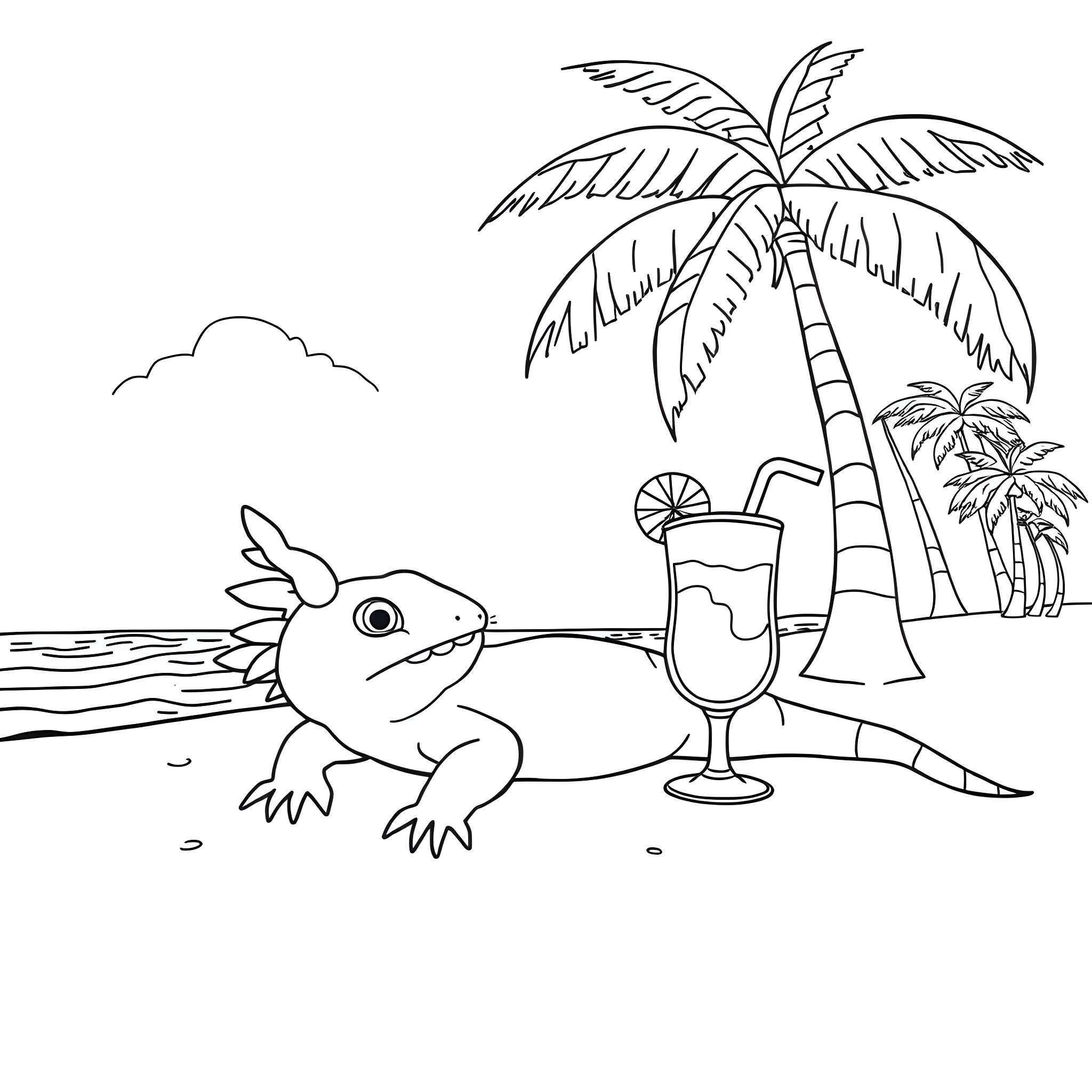 Axolotl relaxing on the beach with palm trees Coloring Page (free black-and-white line drawing printable PDF for all, from beginners to advanced learners, including children, teens, adults, and seniors)