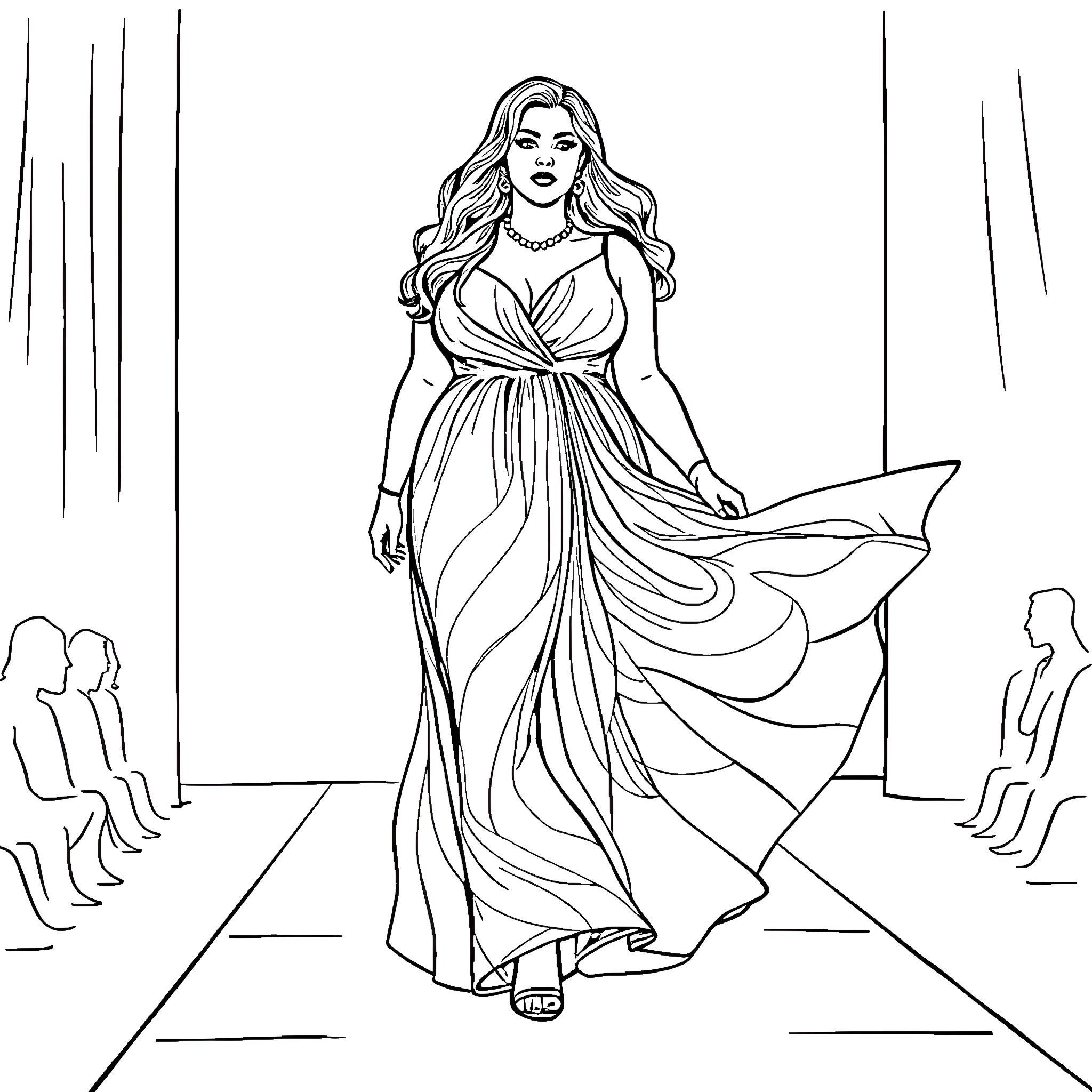 Bbw model showcasing elegant gown on the runway Coloring Page (free black-and-white line drawing printable PDF for all, from beginners to advanced learners, including children, teens, adults, and seniors)