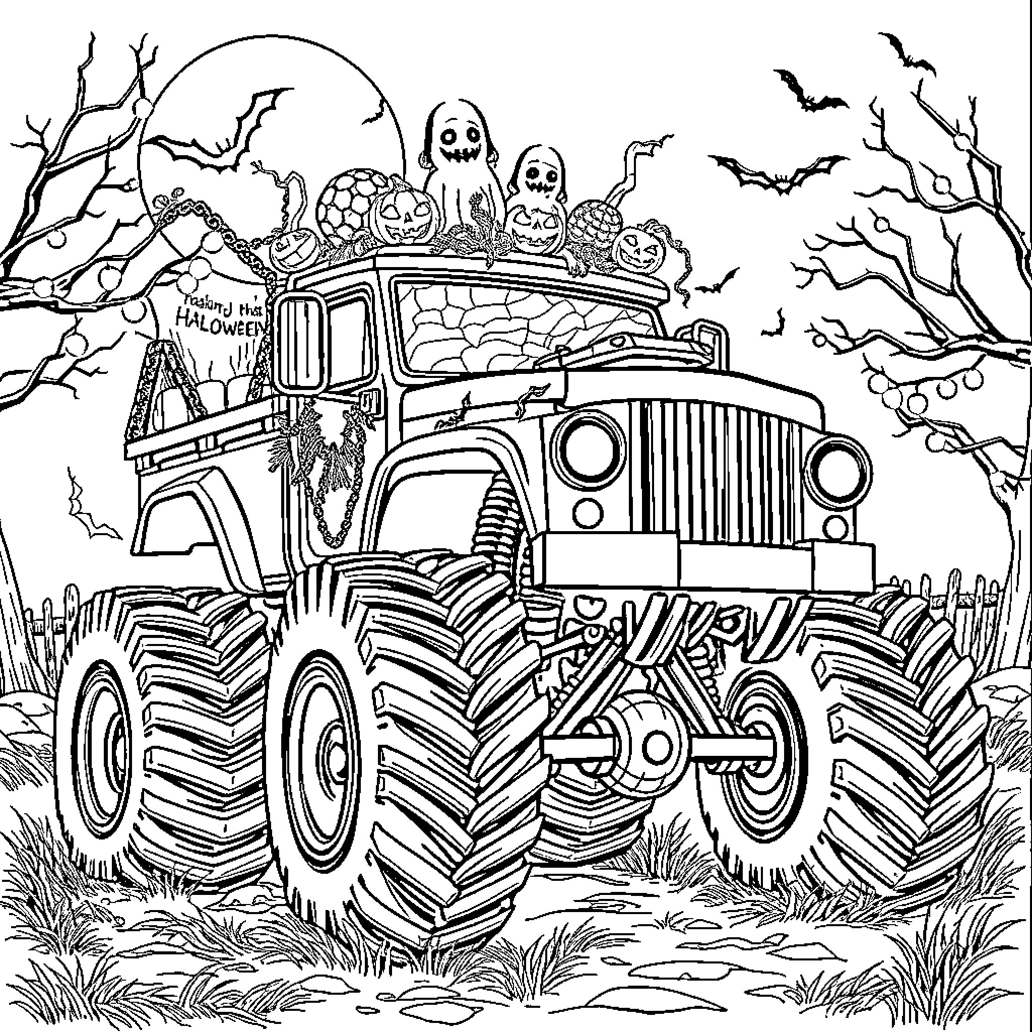 Monster Truck Carrying Halloween Decorations through Spooky Forest Coloring Page (free black-and-white line drawing printable PDF for all, from beginners to advanced learners, including children, teens, adults, and seniors)