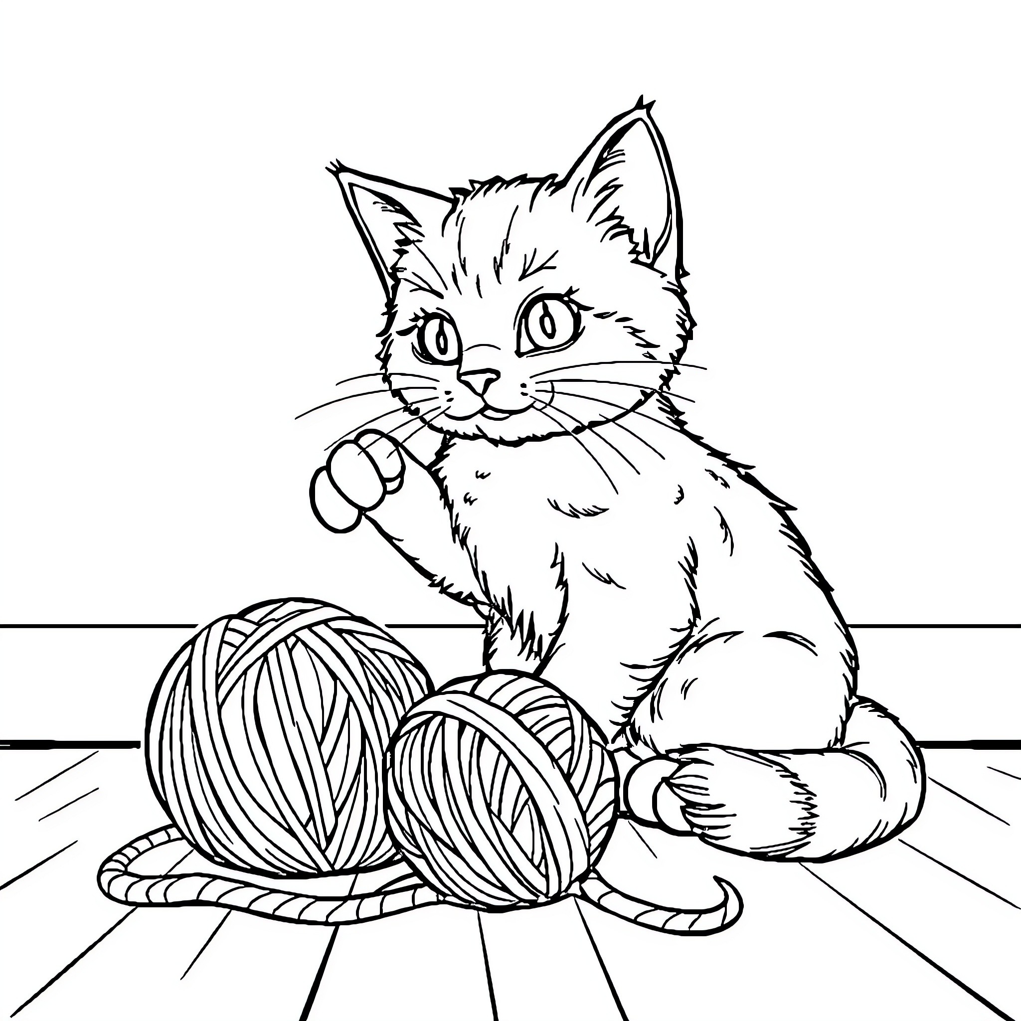 Cat playing with yarn balls in cozy room Coloring Page (free black-and-white line drawing printable PDF for all, from beginners to advanced learners, including children, teens, adults, and seniors)