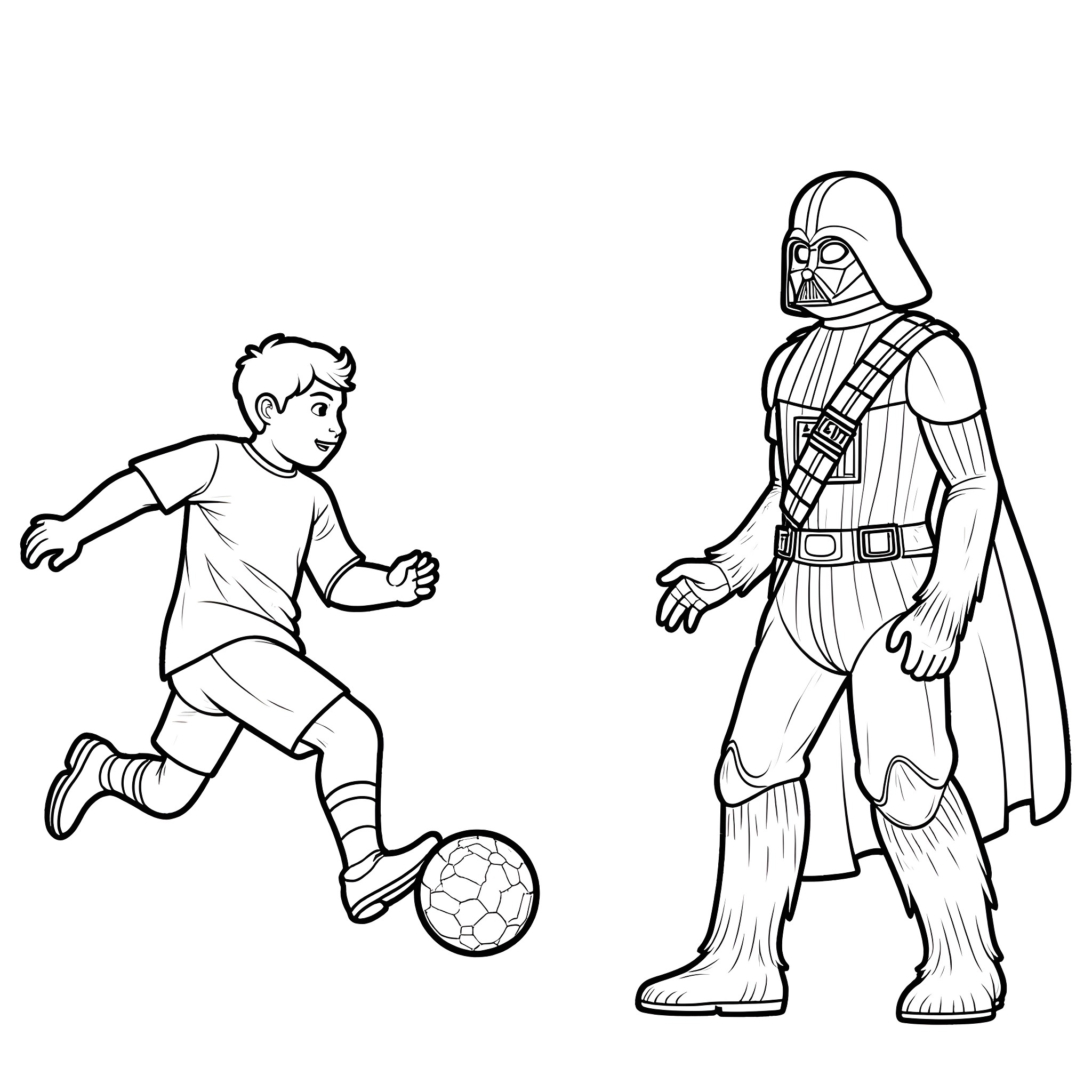 Bluey playing soccer with Darth Vader Coloring Page (free black-and-white line drawing printable PDF for all, from beginners to advanced learners, including children, teens, adults, and seniors)