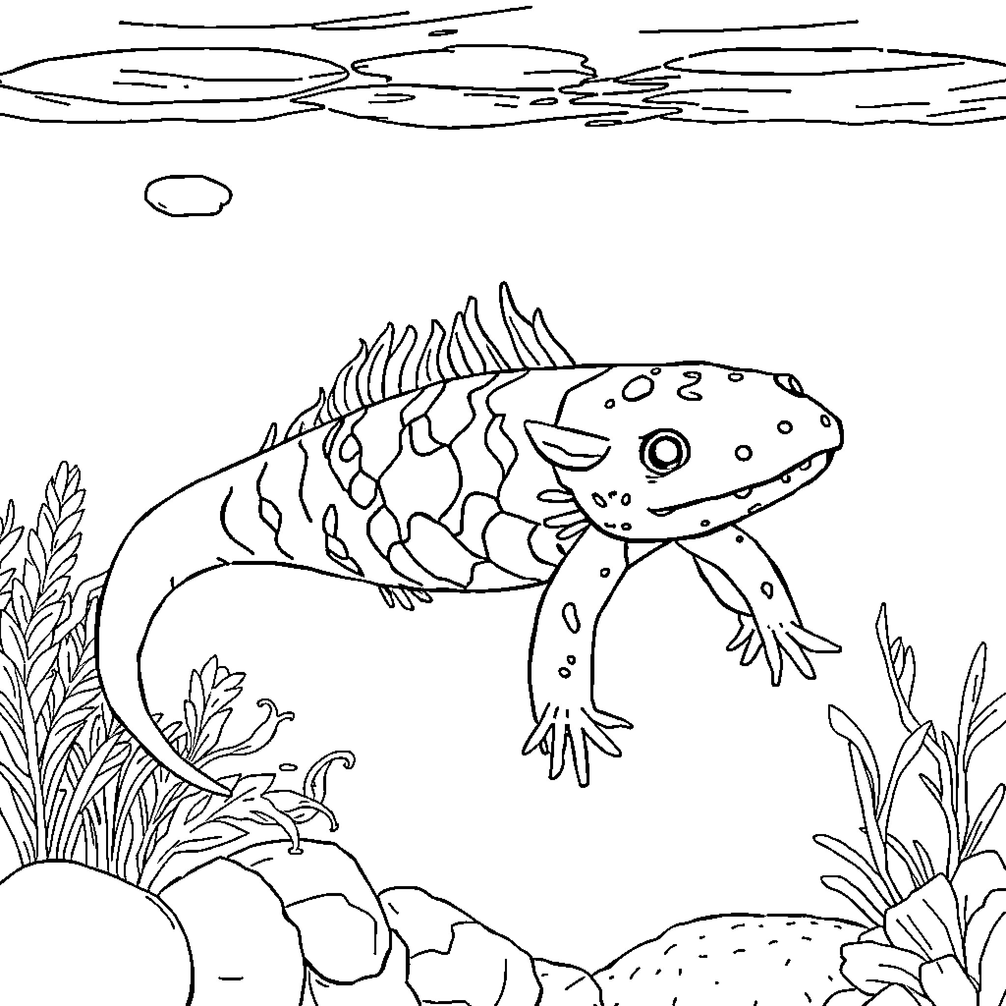 Axolotl in its aquatic habitat Coloring Page (free black-and-white line drawing printable PDF for all, from beginners to advanced learners, including children, teens, adults, and seniors)