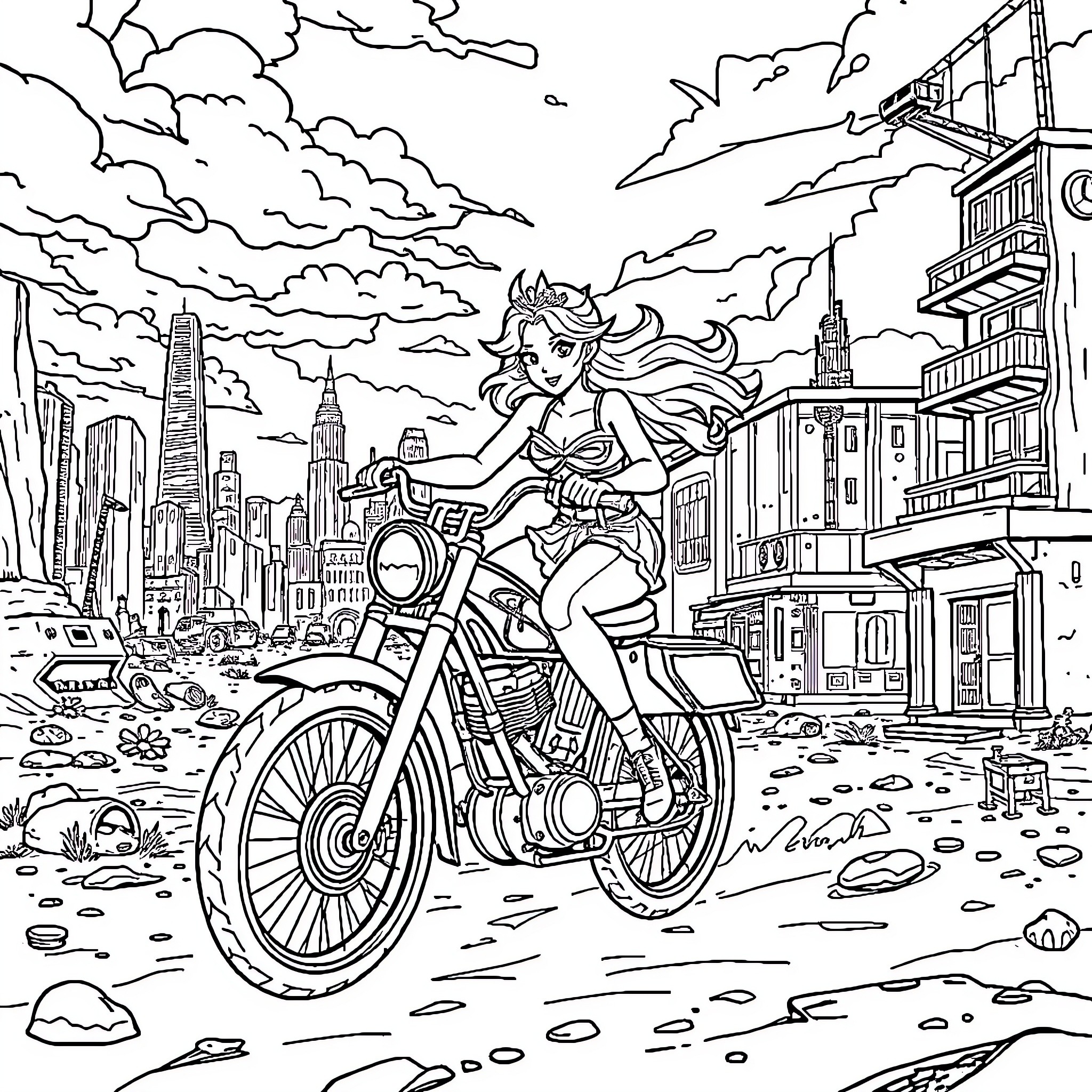 Princess Riding Motorcycle Through Cityscape Coloring Page (free black-and-white line drawing printable PDF for all, from beginners to advanced learners, including children, teens, adults, and seniors)