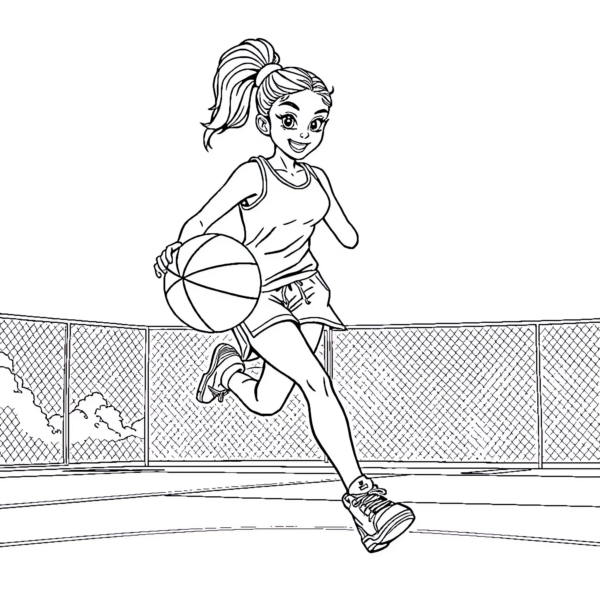 Girl playing with basketball on outdoor court Coloring Page (free black-and-white line drawing printable PDF for all, from beginners to advanced learners, including children, teens, adults, and seniors)