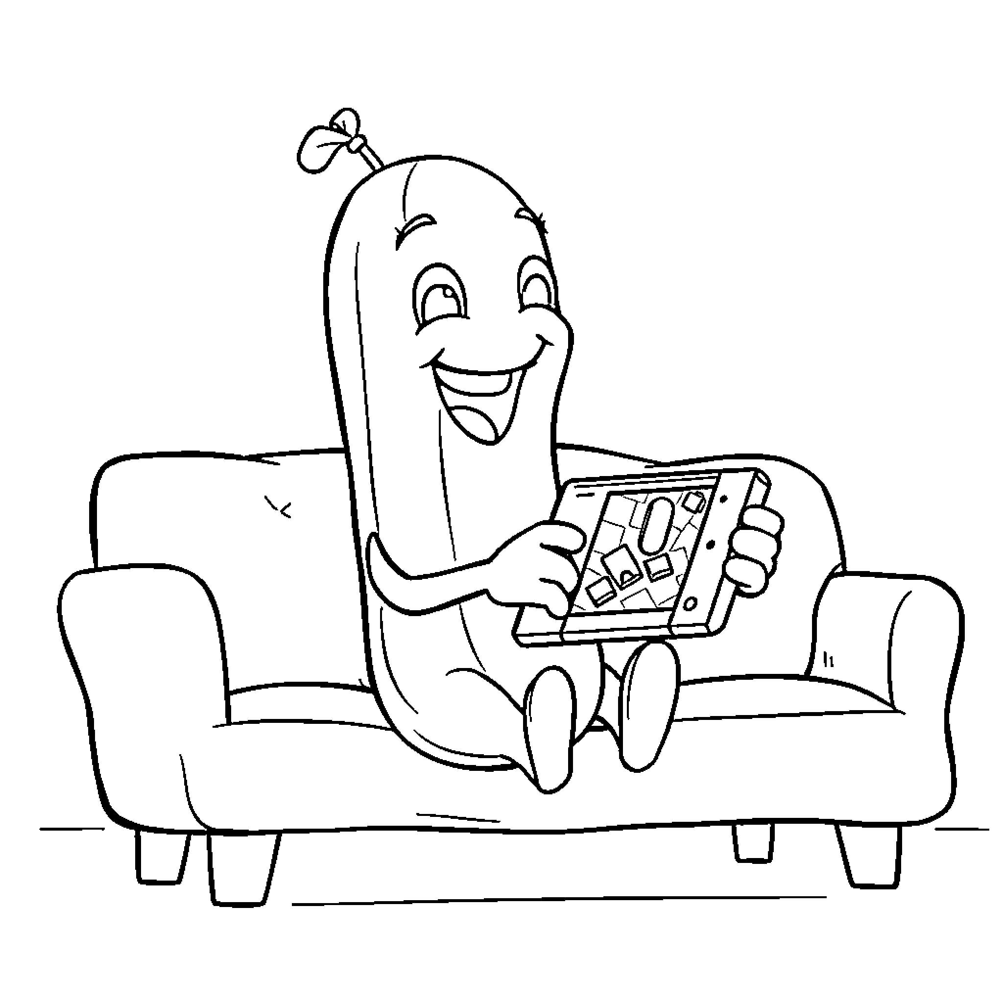 Pickle playing video games on the couch Coloring Page (free black-and-white line drawing printable PDF for all, from beginners to advanced learners, including children, teens, adults, and seniors)