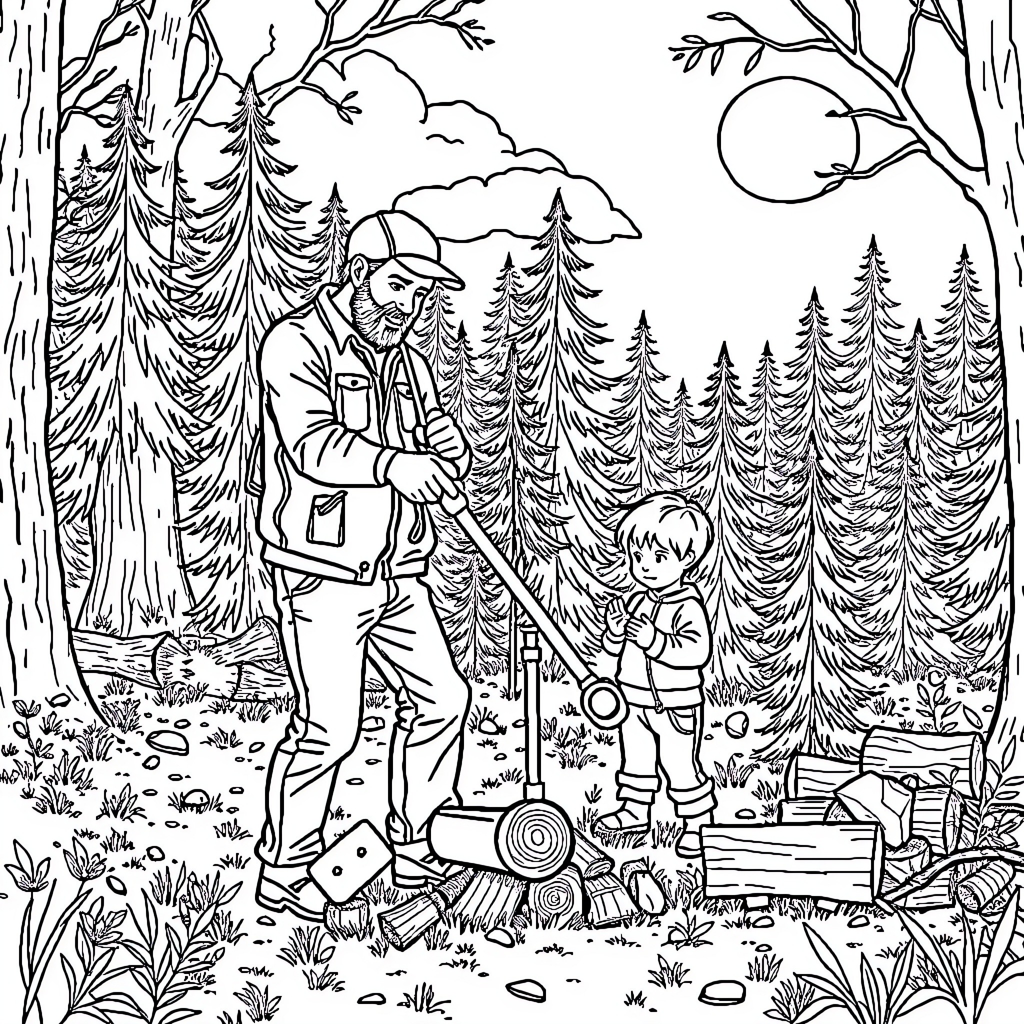 Dad and child exploring the forest together Coloring Page (free black-and-white line drawing printable PDF for all, from beginners to advanced learners, including children, teens, adults, and seniors)