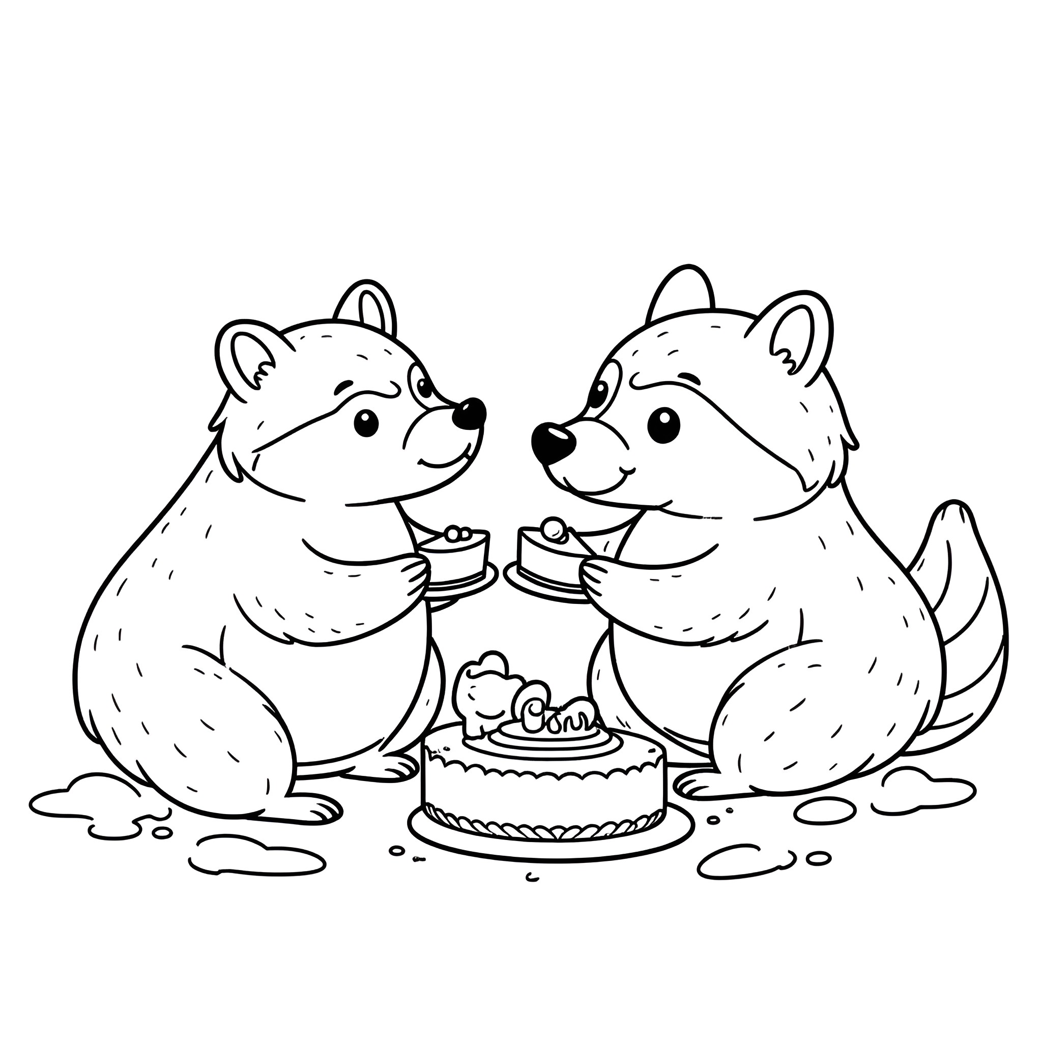 Raccoons celebrating with a birthday cake Coloring Page (free black-and-white line drawing printable PDF for all, from beginners to advanced learners, including children, teens, adults, and seniors)