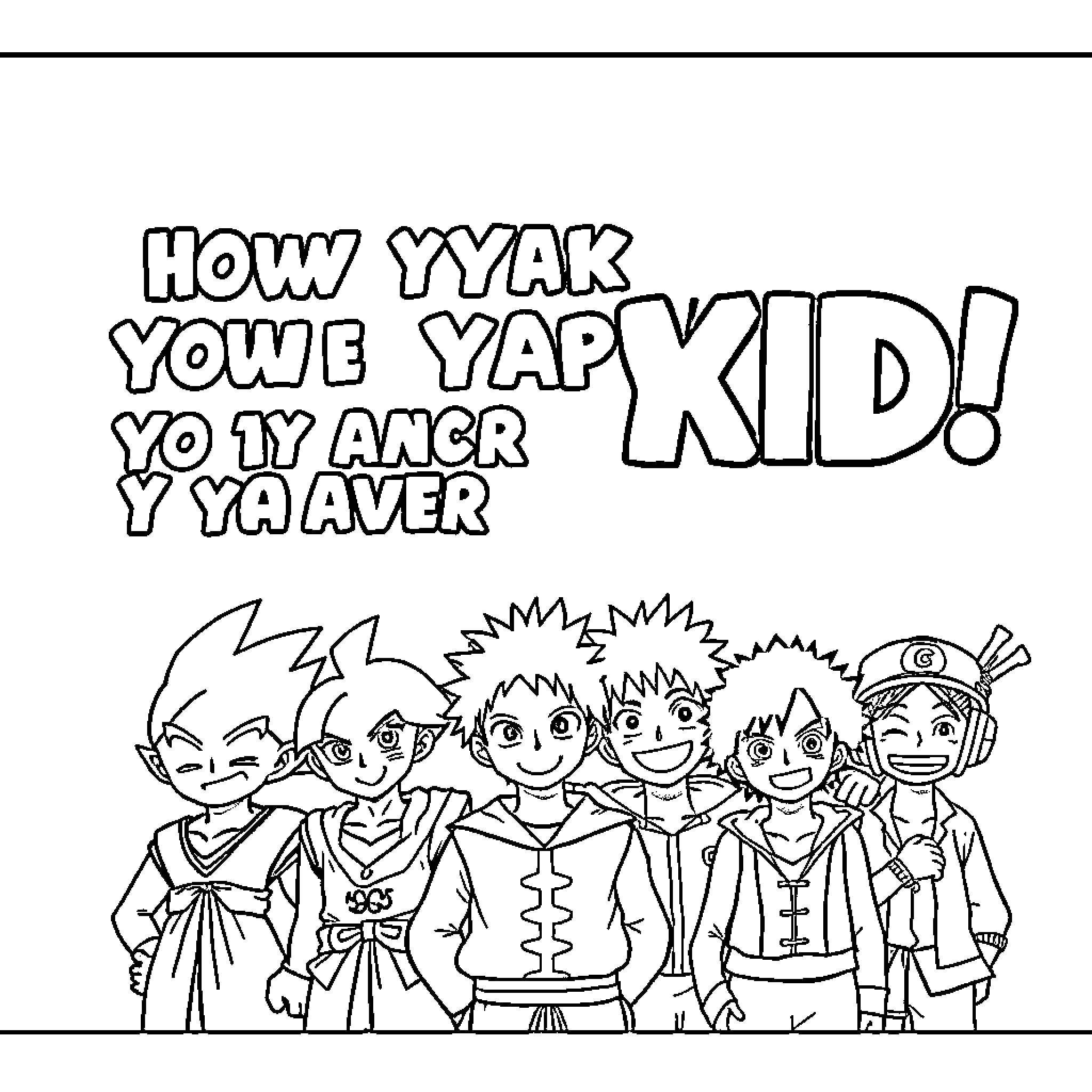 Anime Characters in Casual Outfits and Poses Coloring Page (free black-and-white line drawing printable PDF for all, from beginners to advanced learners, including children, teens, adults, and seniors)