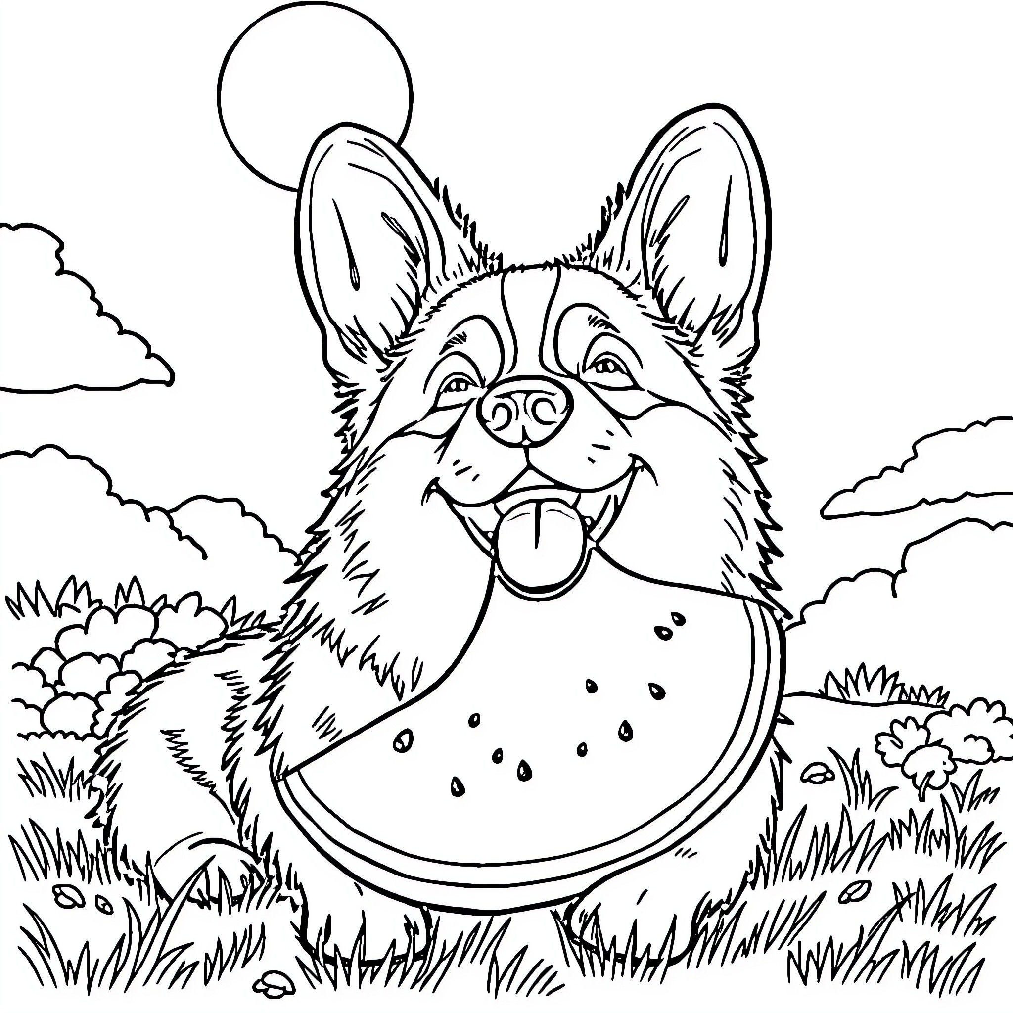 Corgi enjoying a refreshing watermelon on a sunny day Coloring Page (free black-and-white line drawing printable PDF for all, from beginners to advanced learners, including children, teens, adults, and seniors)