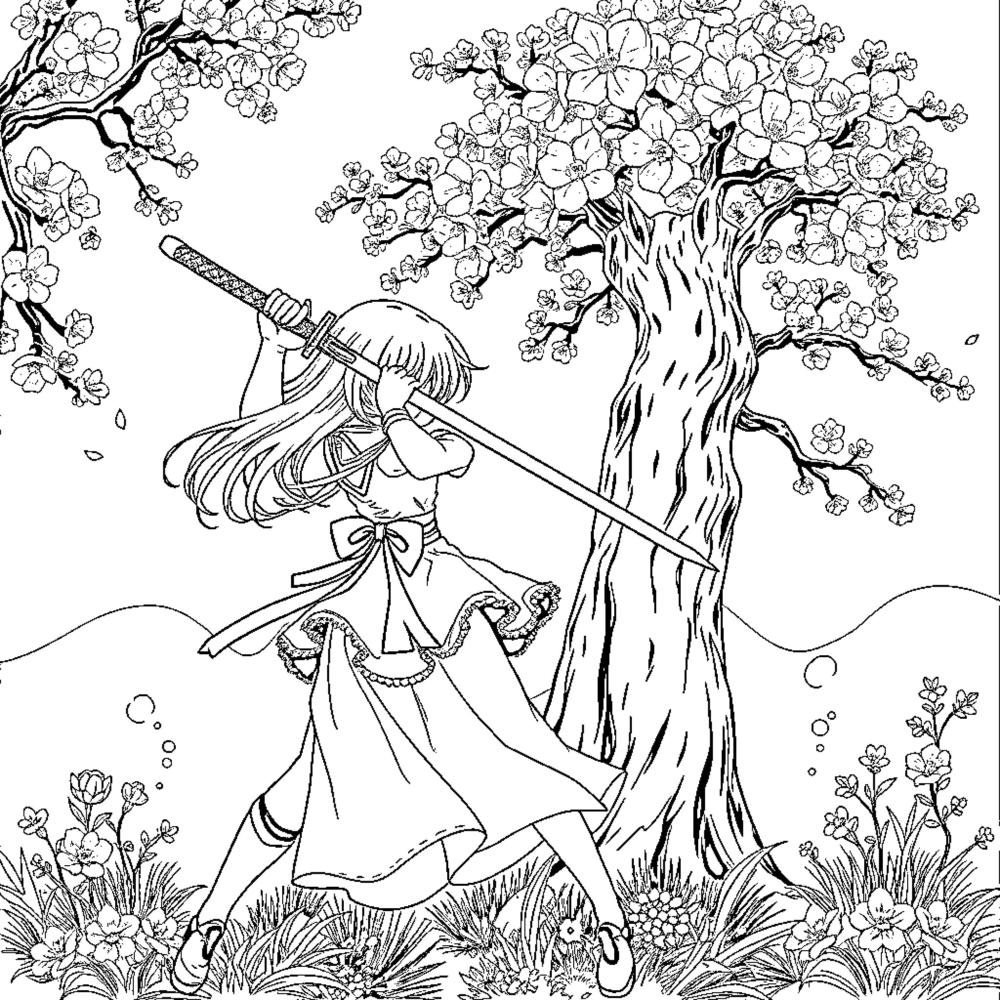 Anime Girl Wielding Sword in Enchanted Forest Coloring Page (free black-and-white line drawing printable PDF for all, from beginners to advanced learners, including children, teens, adults, and seniors)
