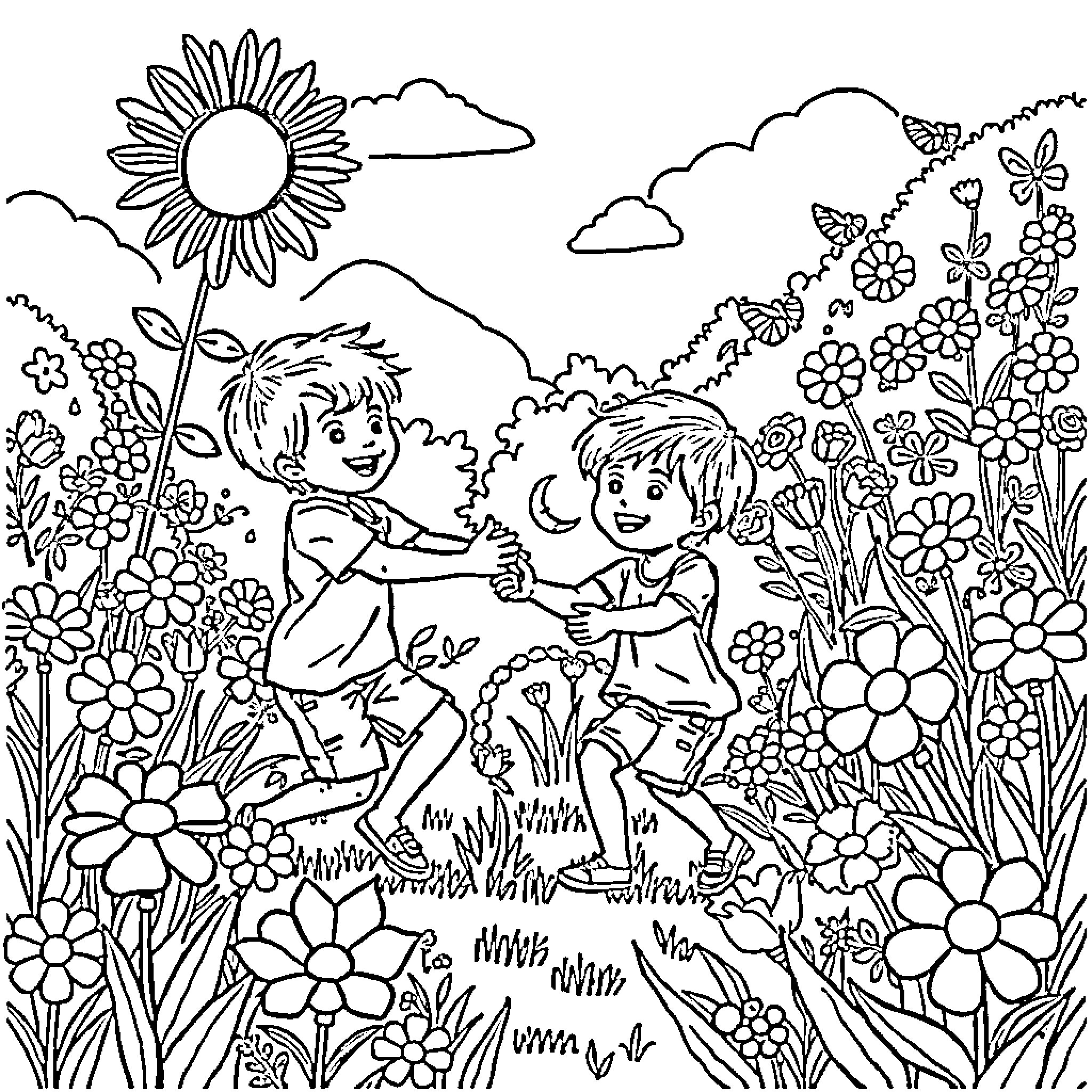 Kids exploring a whimsical floral garden Coloring Page (free black-and-white line drawing printable PDF for all, from beginners to advanced learners, including children, teens, adults, and seniors)