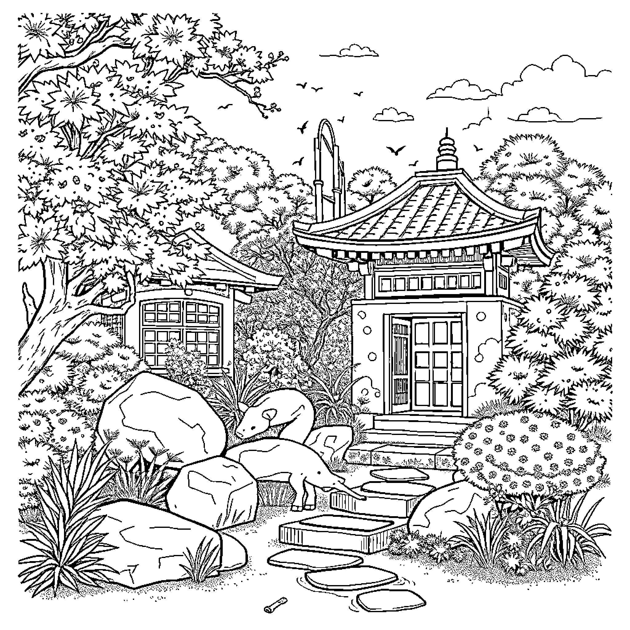 Japanese Garden with Pagoda and Tranquil Scenery Coloring Page (free black-and-white line drawing printable PDF for all, from beginners to advanced learners, including children, teens, adults, and seniors)