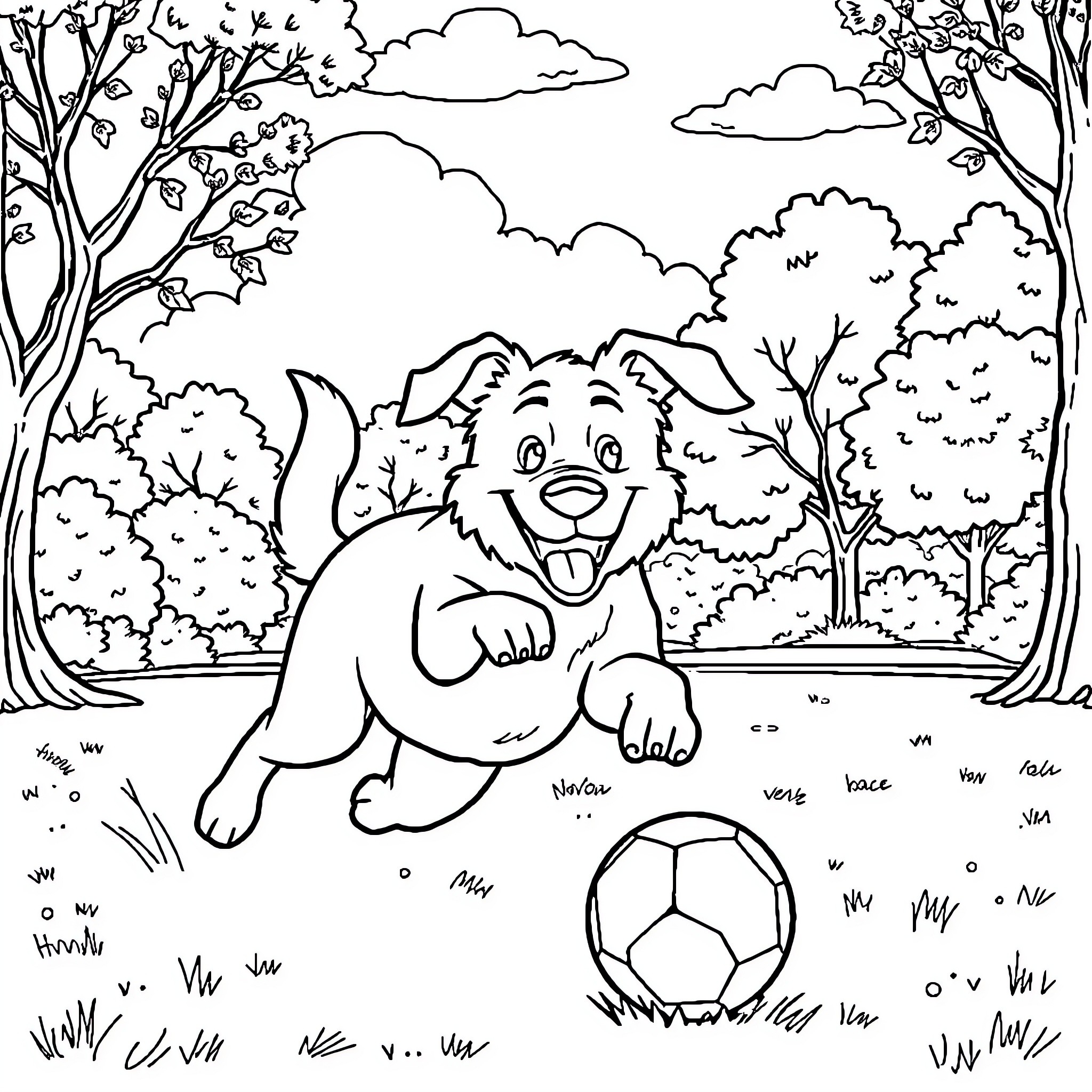 Dog playing joyfully with soccer ball in park Coloring Page (free black-and-white line drawing printable PDF for all, from beginners to advanced learners, including children, teens, adults, and seniors)