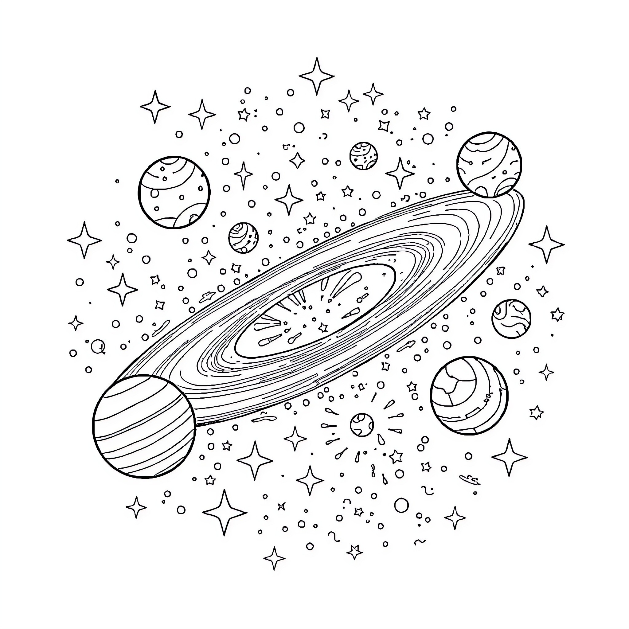Universe filled with celestial bodies and stars Coloring Page (free black-and-white line drawing printable PDF for all, from beginners to advanced learners, including children, teens, adults, and seniors)