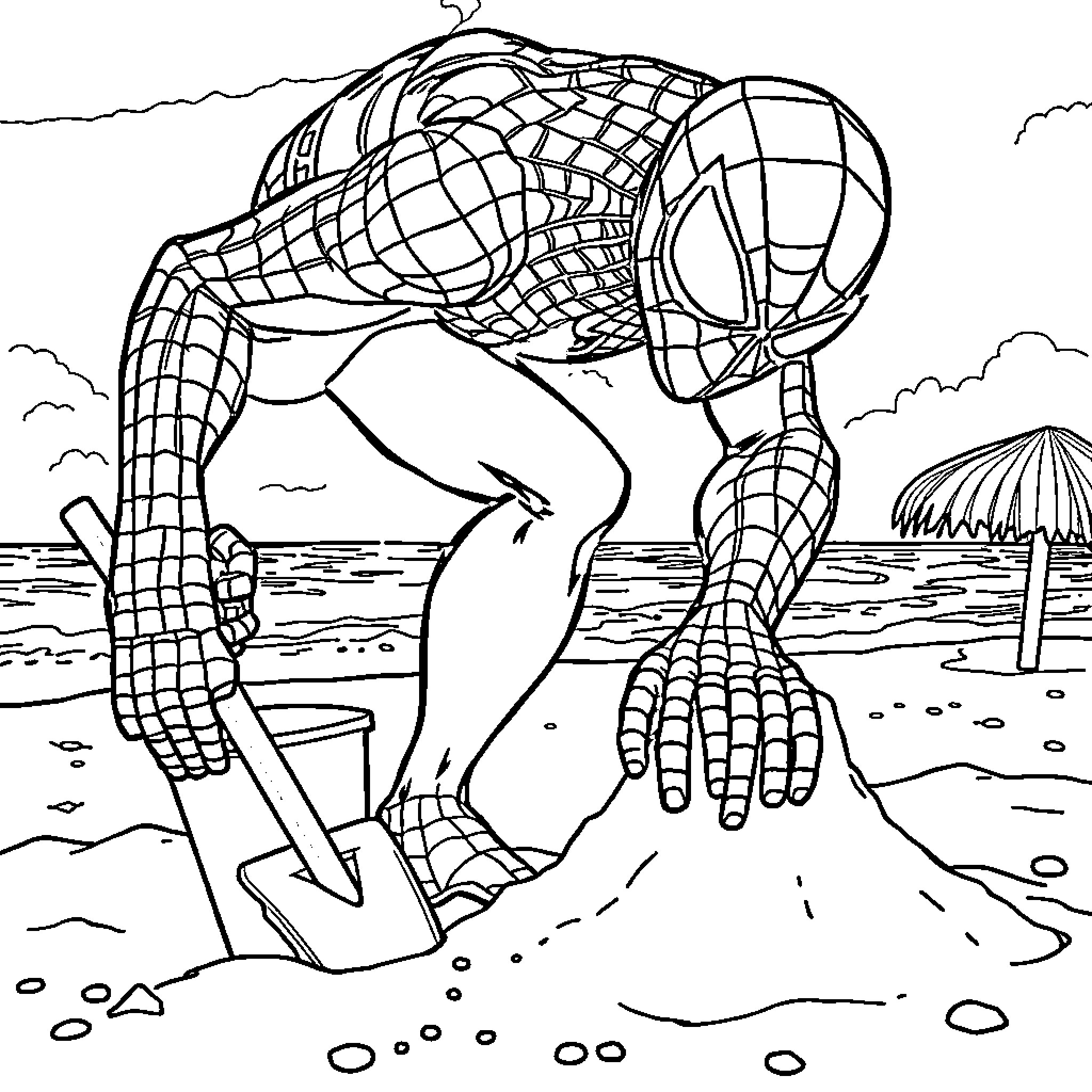 Spider-Man swinging through the beach landscape Coloring Page (free black-and-white line drawing printable PDF for all, from beginners to advanced learners, including children, teens, adults, and seniors)