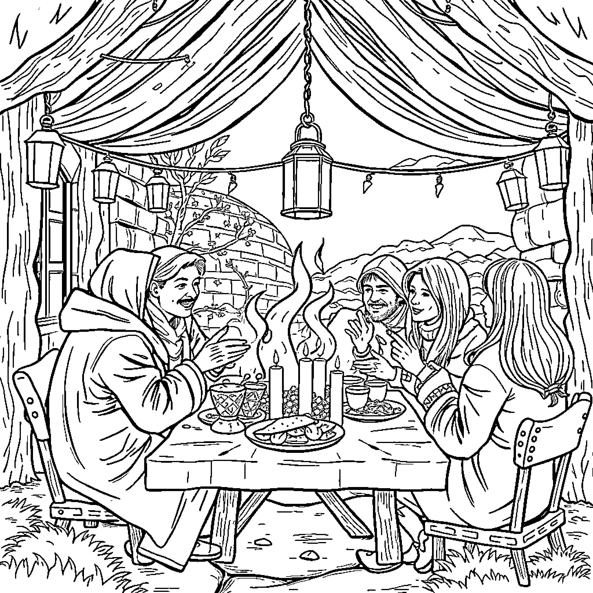 Tung Tung Cozy Outdoor Gathering with Friends Coloring Page (free black-and-white line drawing printable PDF for all, from beginners to advanced learners, including children, teens, adults, and seniors)