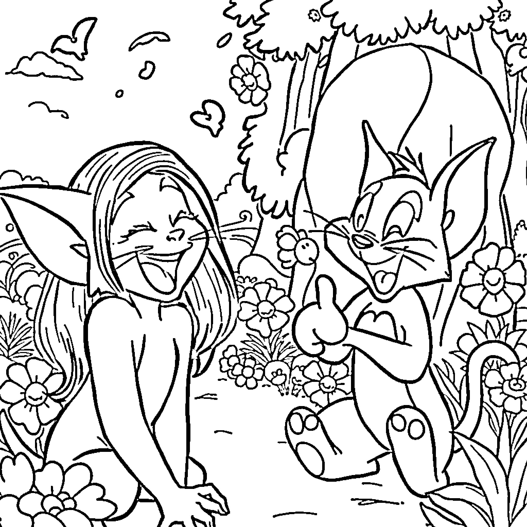 Ariana Grande's Animated Elf Adventure in Enchanted Forest Coloring Page (free black-and-white line drawing printable PDF for all, from beginners to advanced learners, including children, teens, adults, and seniors)
