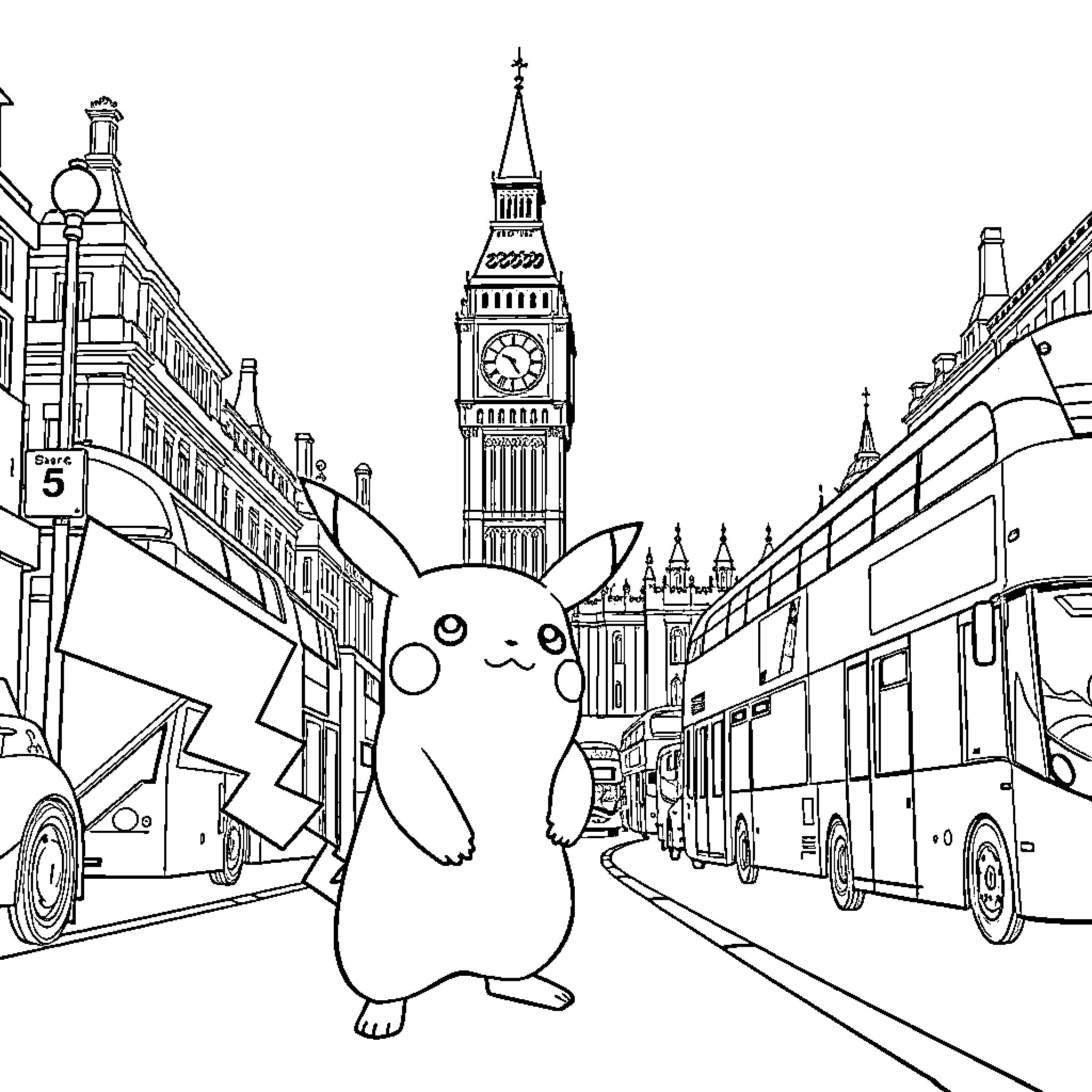 Pikachu explores the vibrant city landscape Coloring Page (free black-and-white line drawing printable PDF for all, from beginners to advanced learners, including children, teens, adults, and seniors)