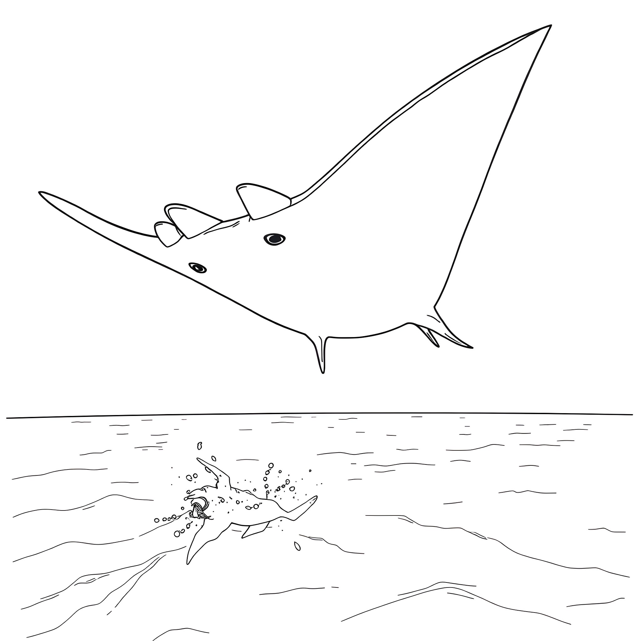 Manta Ray swimming gracefully in the ocean Coloring Page (free black-and-white line drawing printable PDF for all, from beginners to advanced learners, including children, teens, adults, and seniors)
