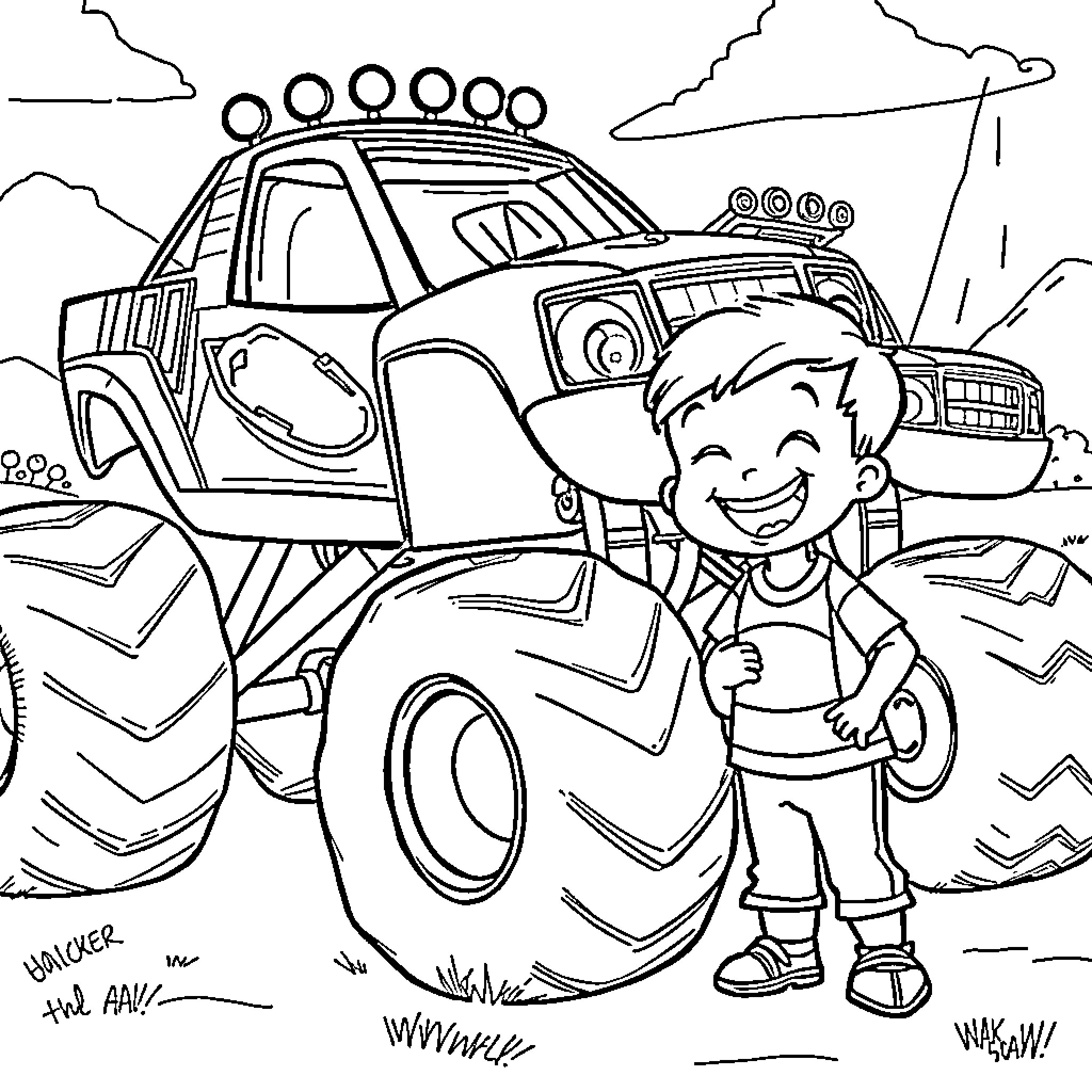 Blaze and the Boy Enjoying a Monster Truck Adventure Coloring Page (free black-and-white line drawing printable PDF for all, from beginners to advanced learners, including children, teens, adults, and seniors)