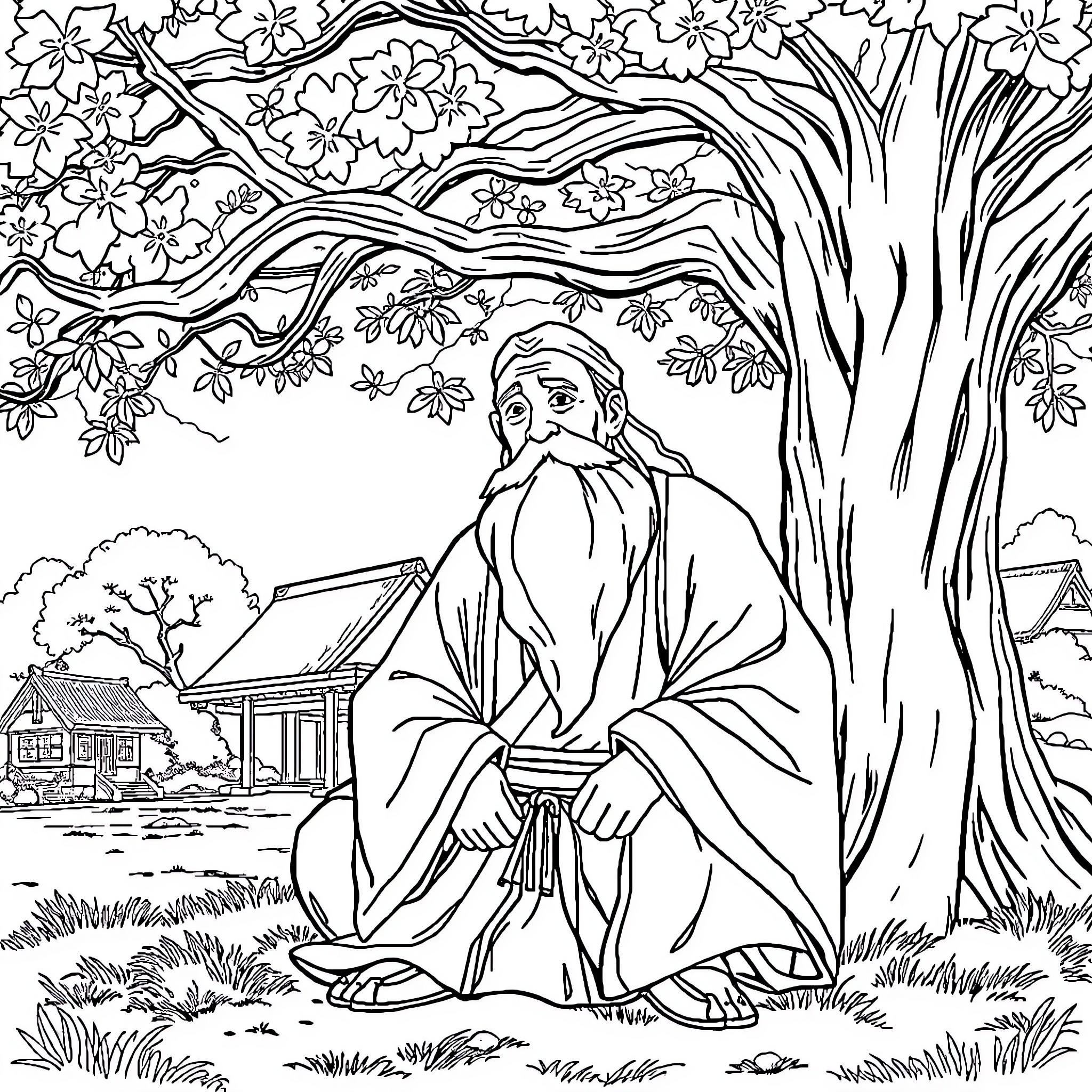 Teseki Hermit Praying Beneath Blooming Tree Coloring Page (free black-and-white line drawing printable PDF for all, from beginners to advanced learners, including children, teens, adults, and seniors)