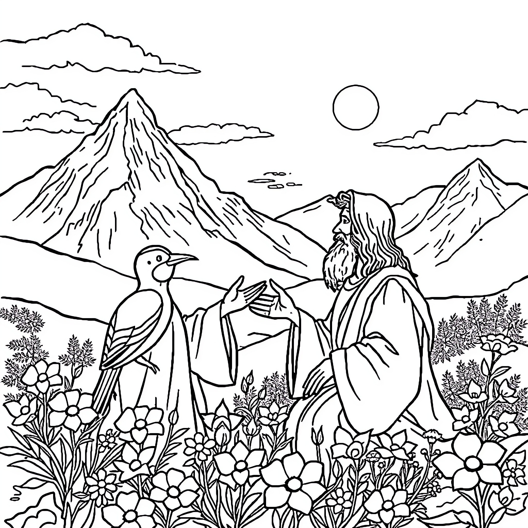 God's Serene Mountain Majesty Coloring Page (free black-and-white line drawing printable PDF for all, from beginners to advanced learners, including children, teens, adults, and seniors)