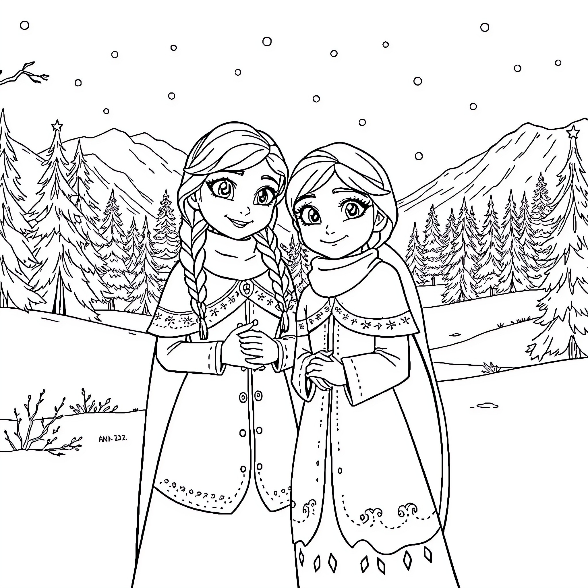 Elsa and Anna in Winter Wonderland Coloring Page (free black-and-white line drawing printable PDF for all, from beginners to advanced learners, including children, teens, adults, and seniors)