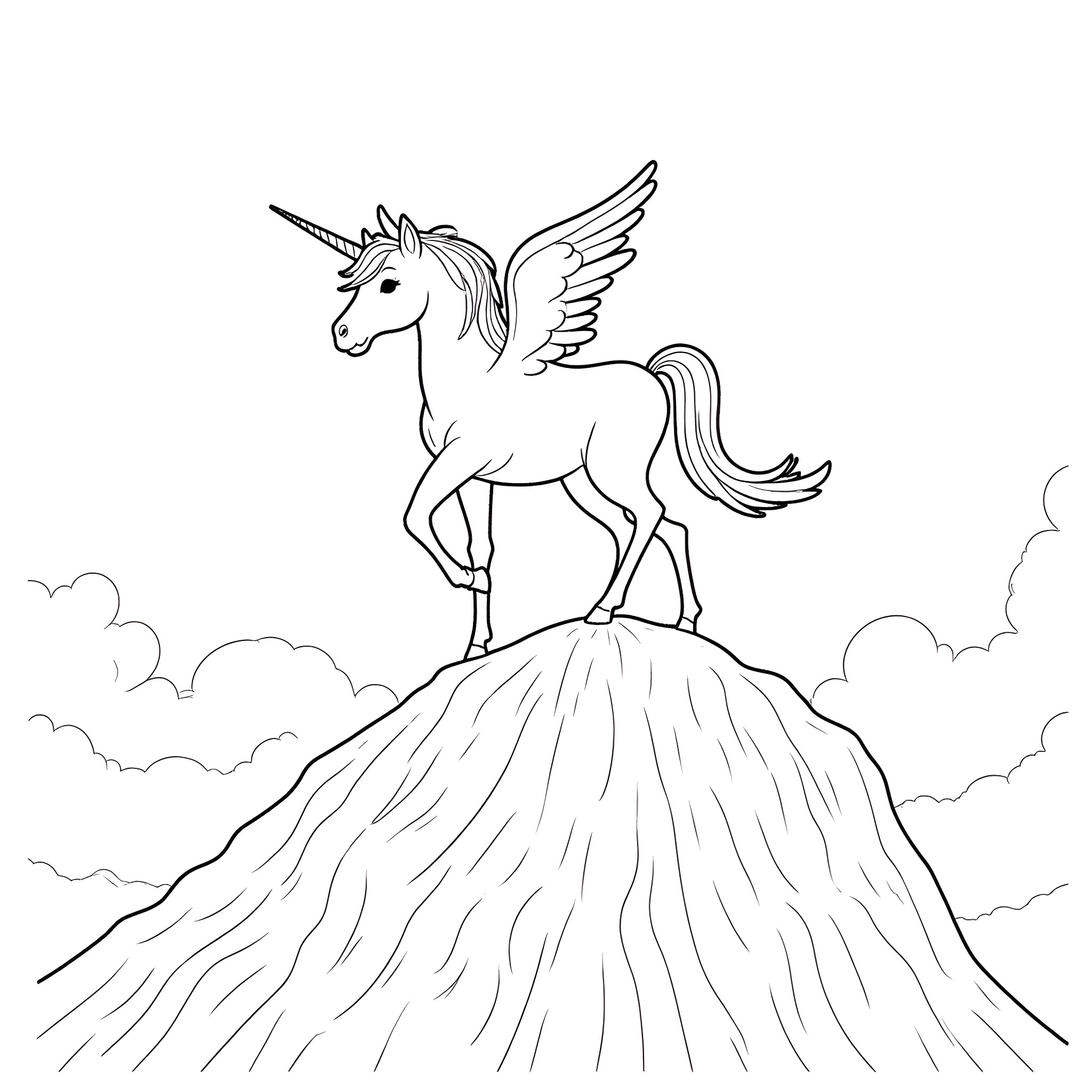 Unicorn standing majestically on a hilltop Coloring Page (free black-and-white line drawing printable PDF for all, from beginners to advanced learners, including children, teens, adults, and seniors)