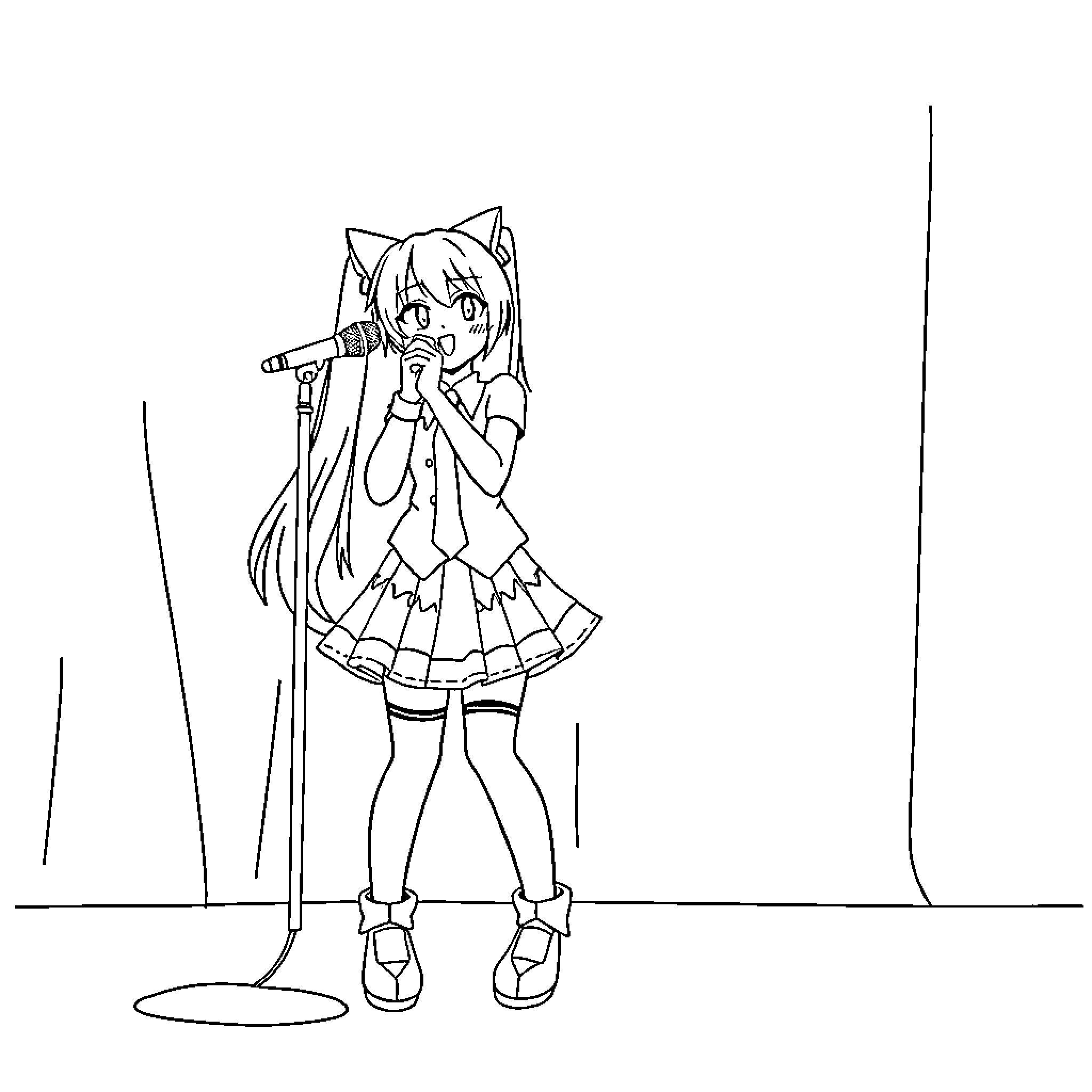 Miku singing joyfully into a microphone on stage Coloring Page (free black-and-white line drawing printable PDF for all, from beginners to advanced learners, including children, teens, adults, and seniors)