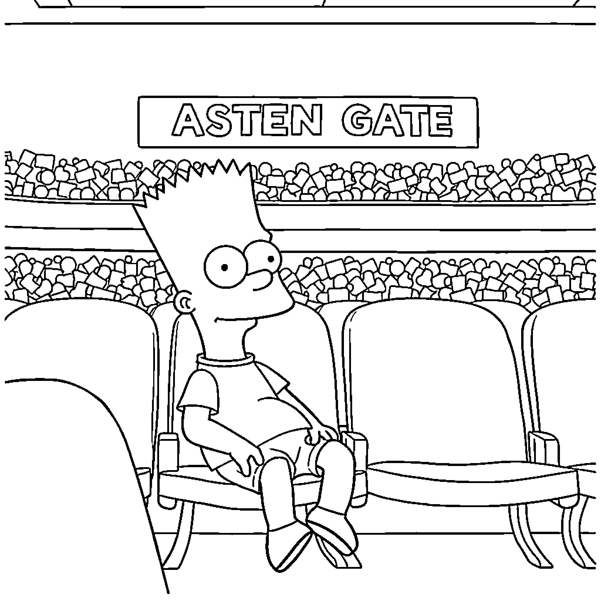 Bart Simpson waiting at Asten Gate Coloring Page (free black-and-white line drawing printable PDF for all, from beginners to advanced learners, including children, teens, adults, and seniors)