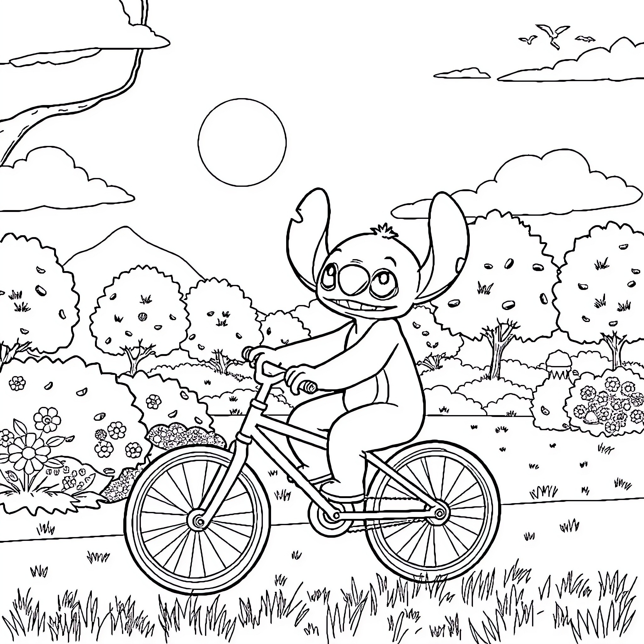 Stitch riding a bicycle through a scenic park Coloring Page (free black-and-white line drawing printable PDF for all, from beginners to advanced learners, including children, teens, adults, and seniors)